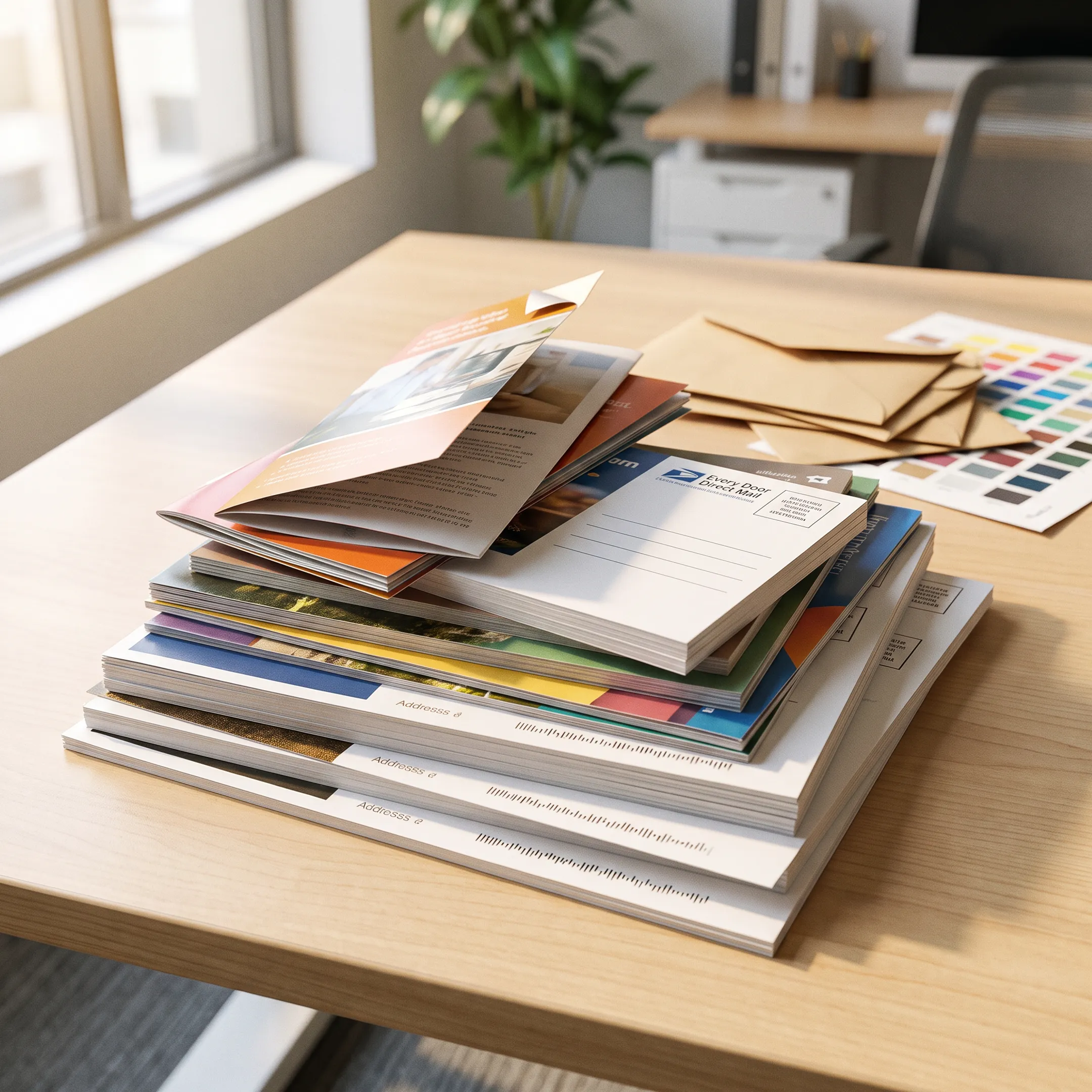Professionally printed brochures arranged on a Miami business marketing table