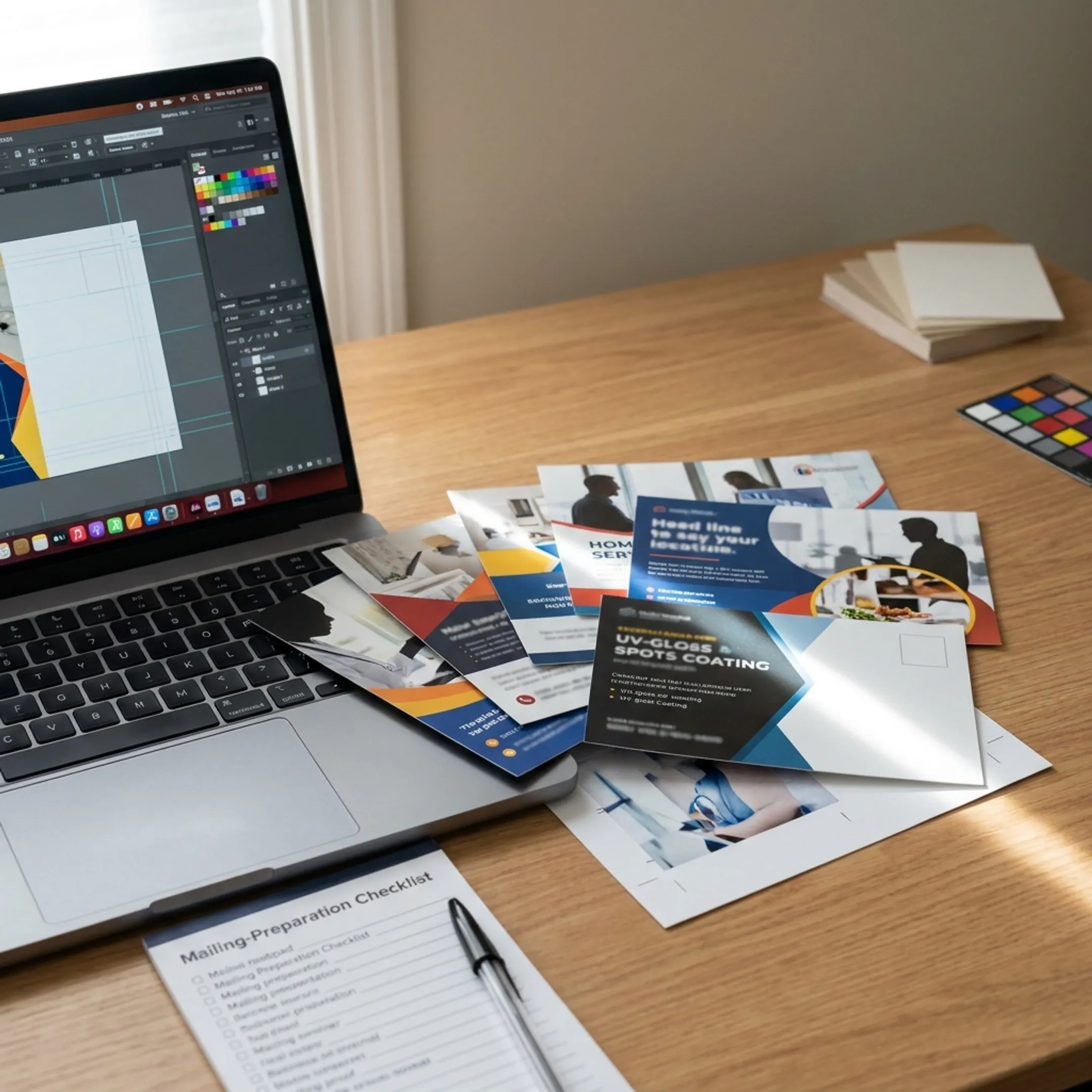 Professional postcard design proof beside printed direct mail pieces