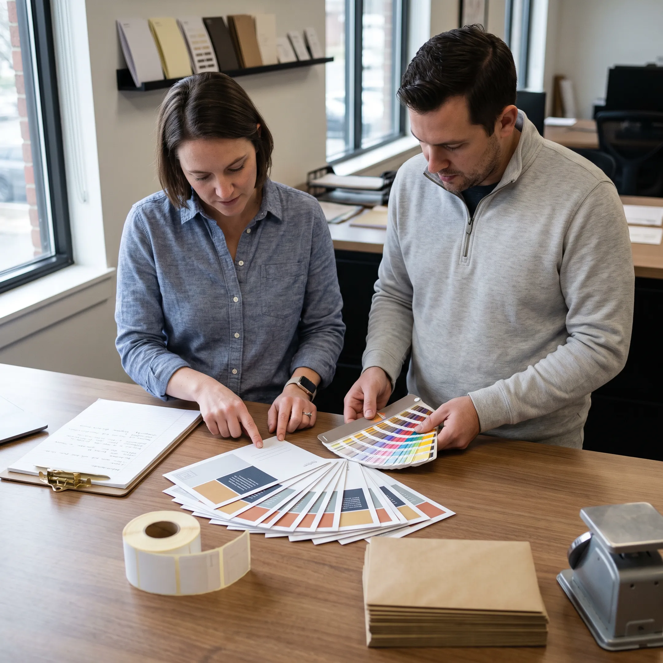 Designer reviewing a colorful direct mail postcard proof for a small business campaign