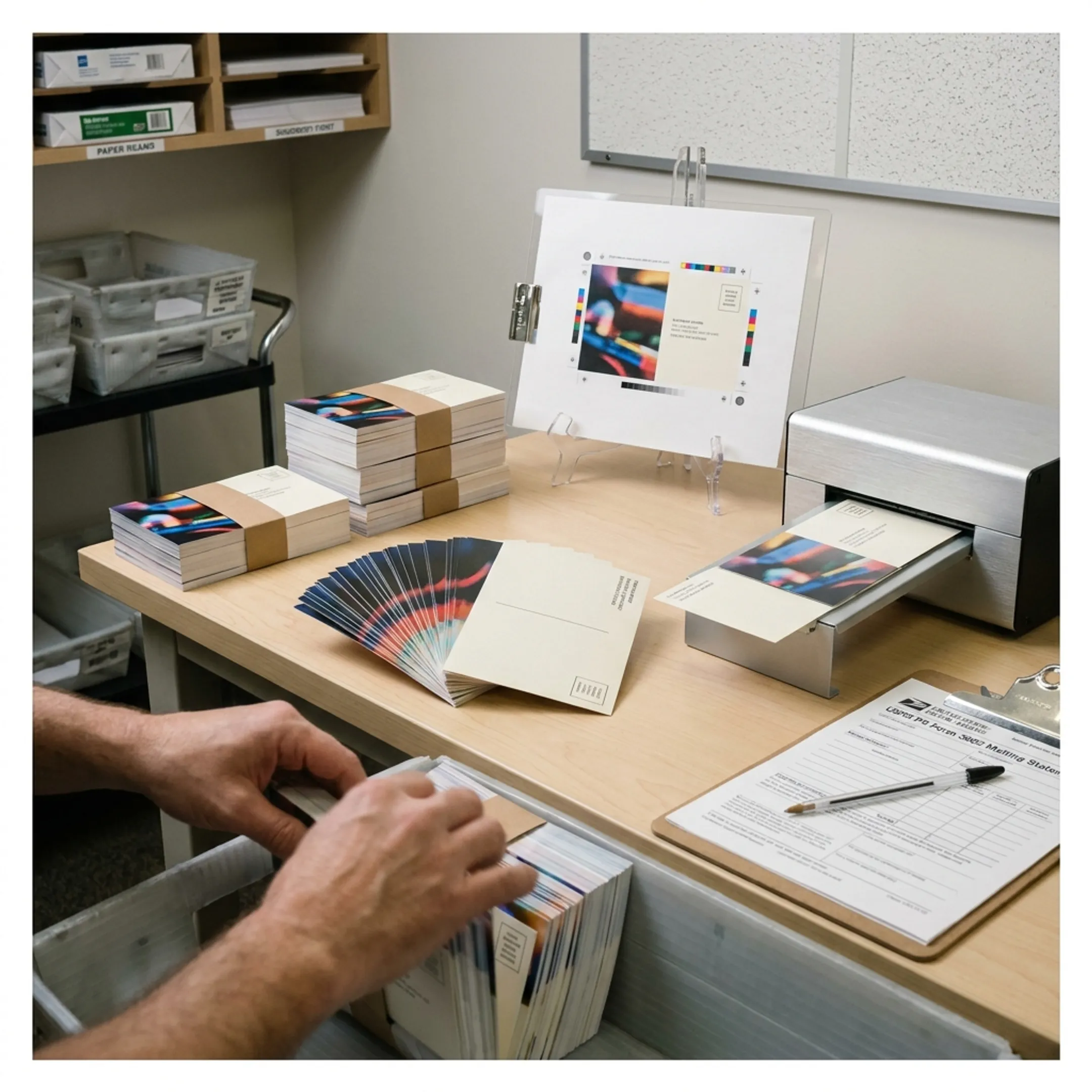 DirectMailEasy team preparing printed mailers for USPS processing