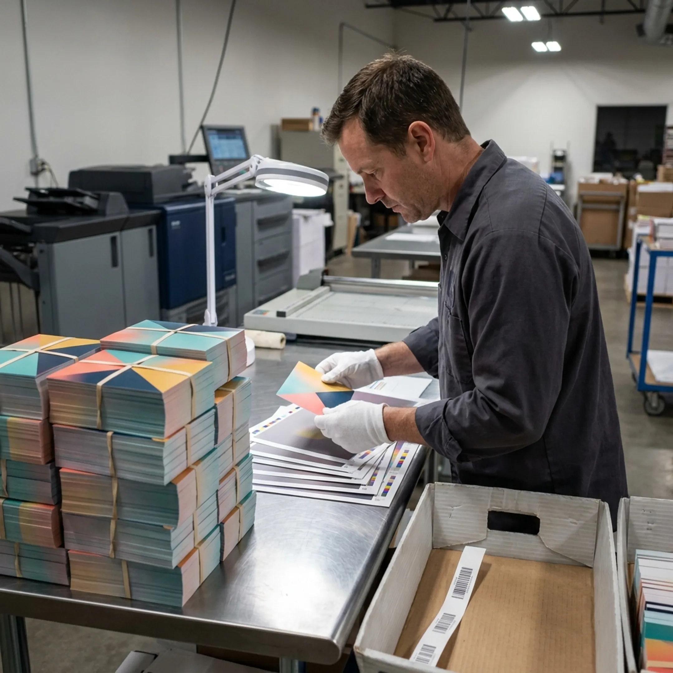 Printed custom postcards being checked for quality before mailing