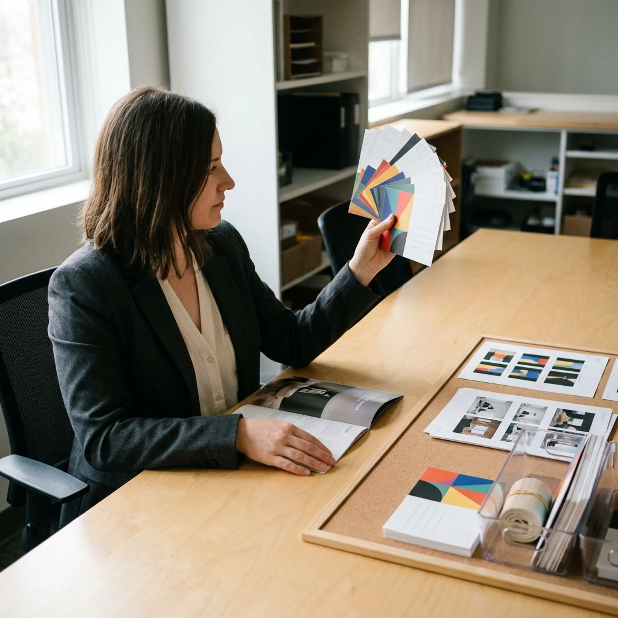 Team member reviewing printed direct mail materials