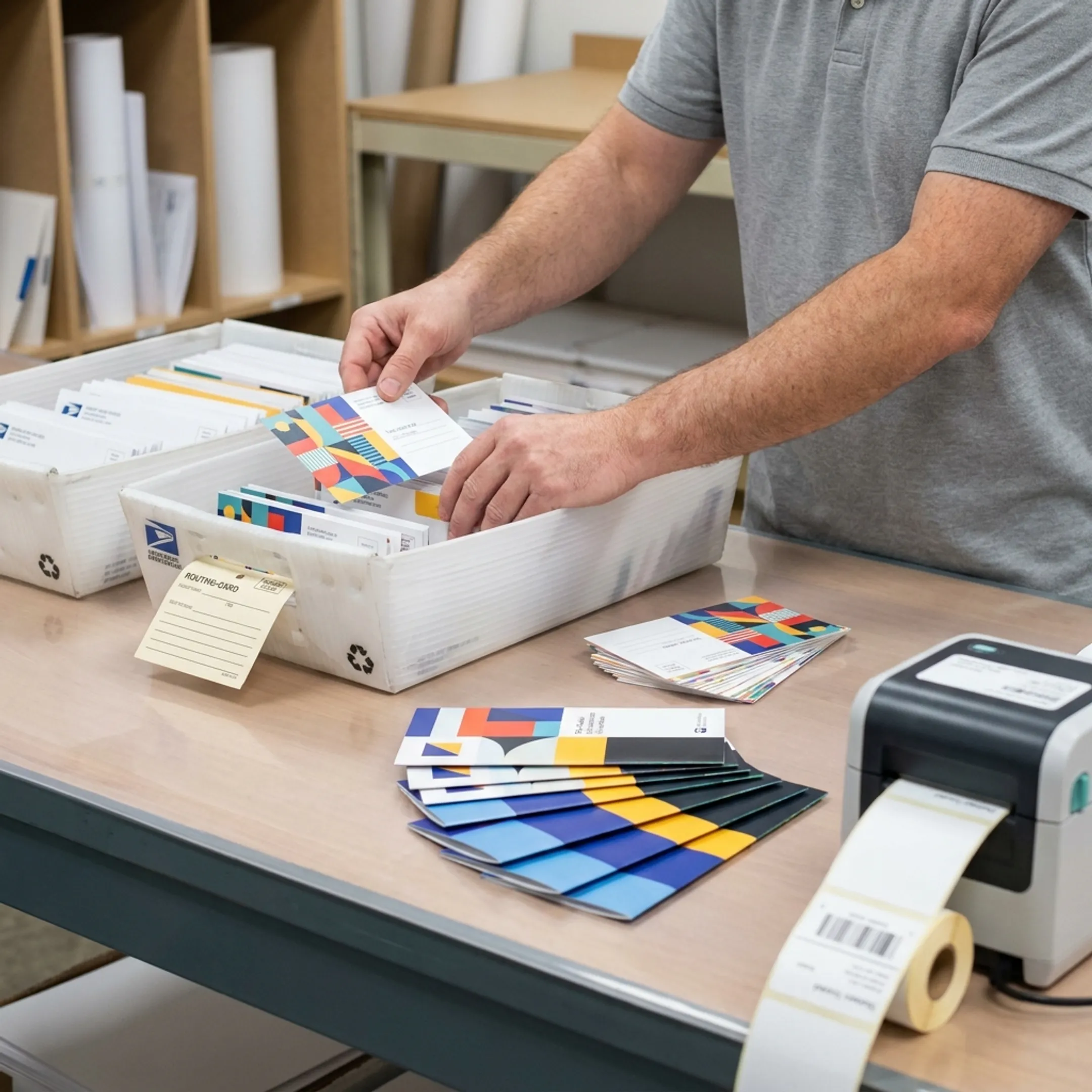 Direct mail postcards and brochures prepared for printing and USPS mailing