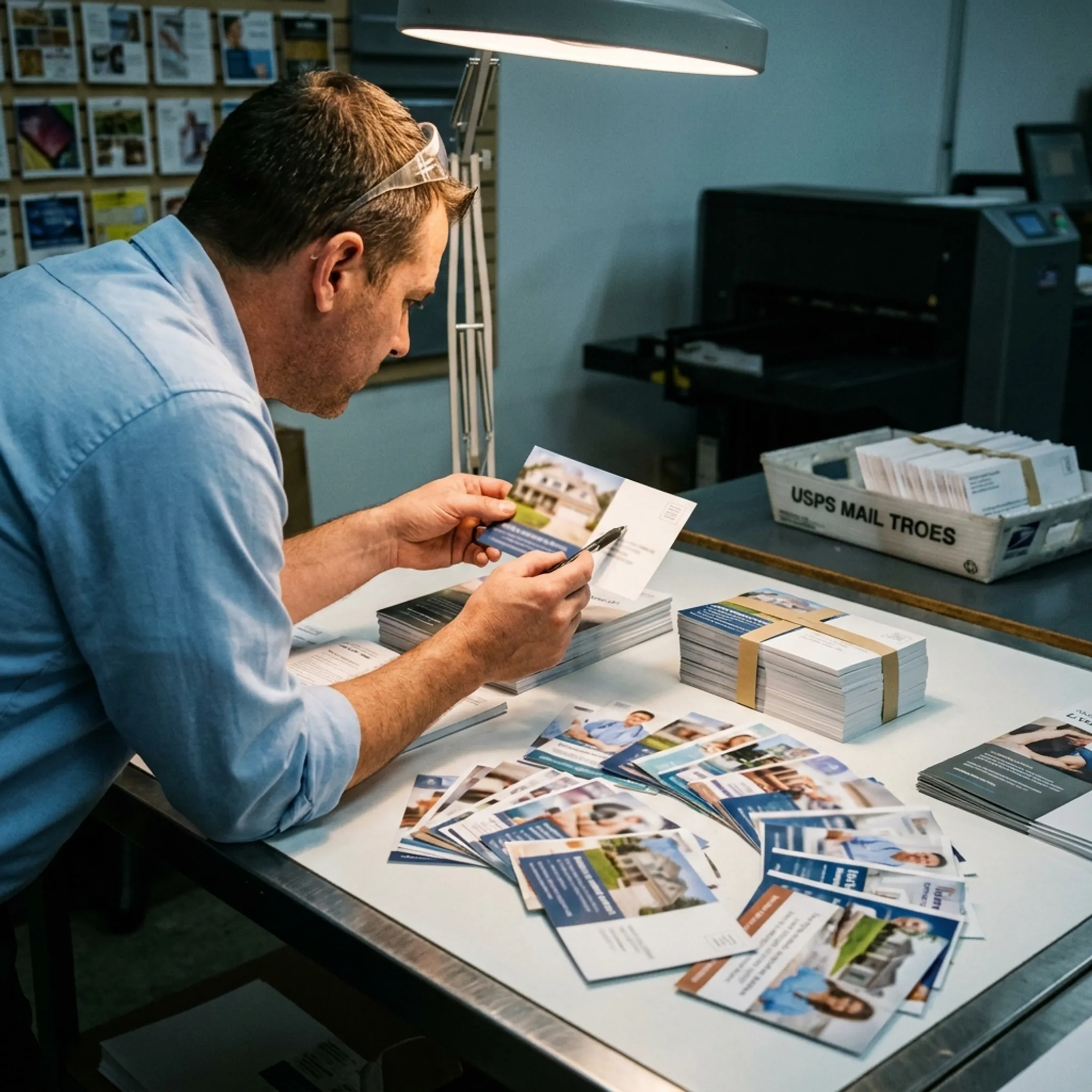 Direct mail postcards prepared for printing and USPS delivery