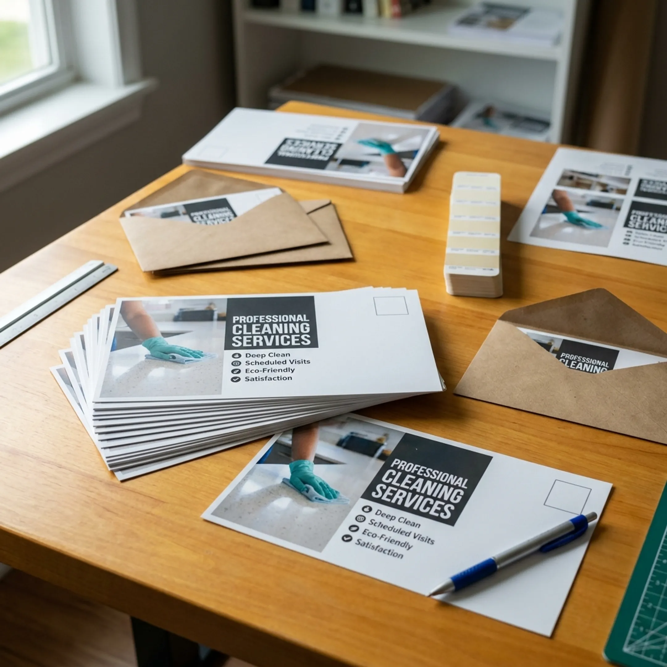 Cleaning service postcard campaign materials prepared for mailing