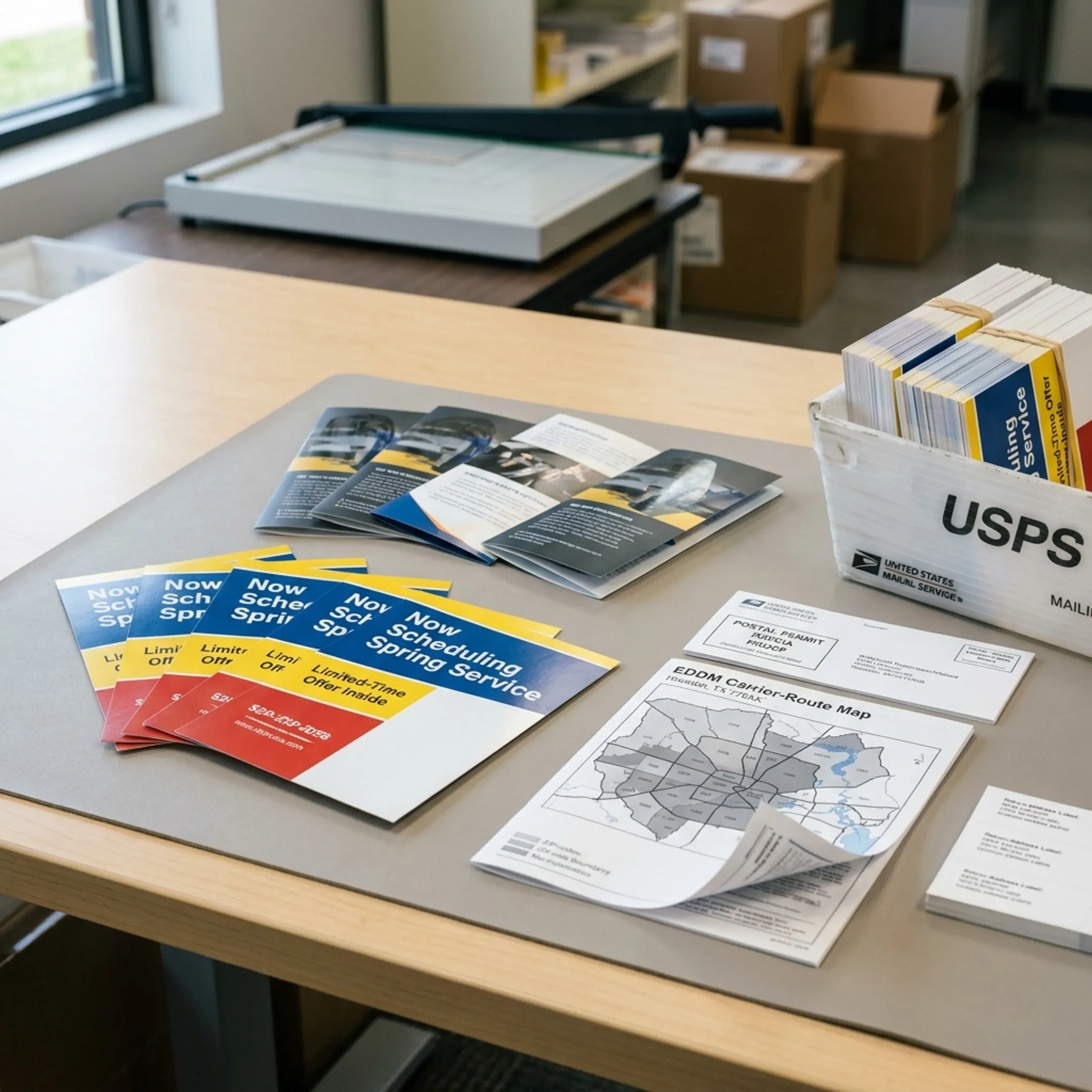 Direct mail postcards and brochures prepared for a Houston marketing campaign