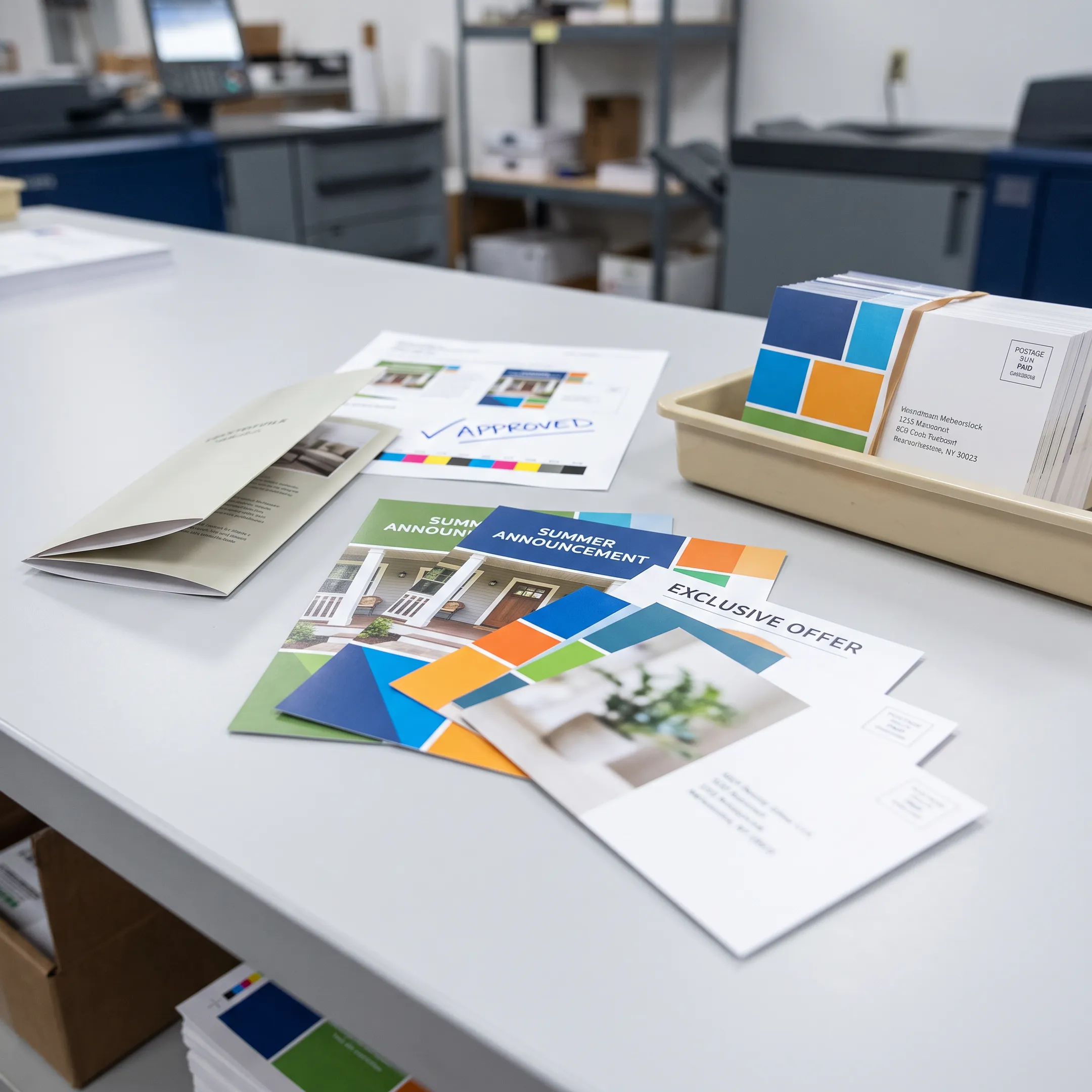 Printed postcards and brochures organized for direct mail fulfillment