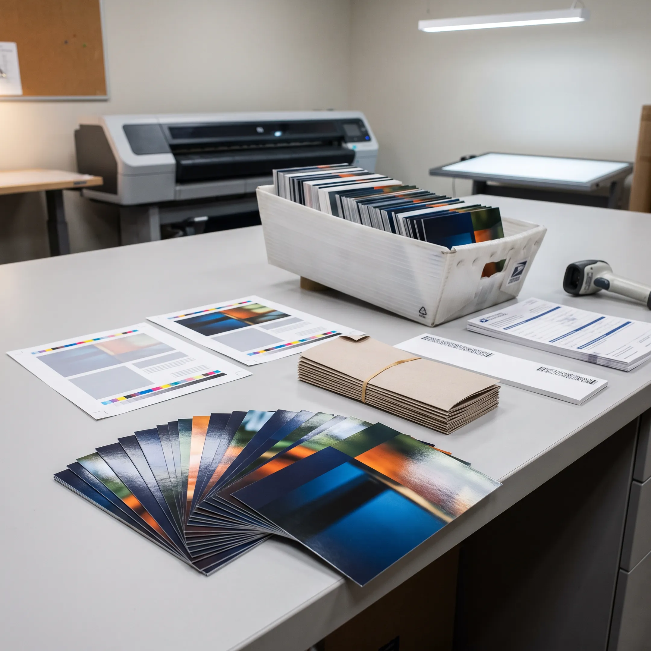 Direct mail postcards being prepared for a Wichita business campaign