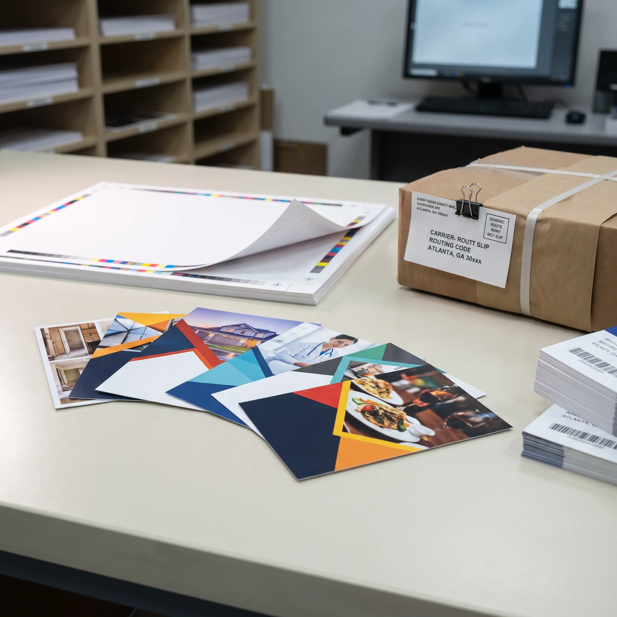 Printed postcards prepared for mailing to Atlanta neighborhoods