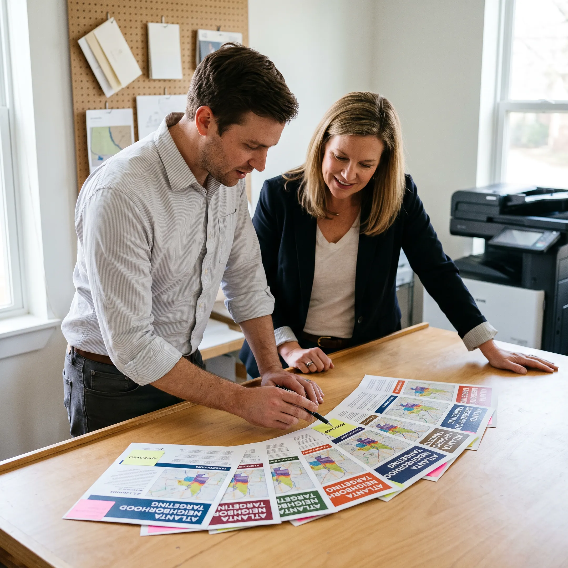 Business postcard campaign being reviewed before mailing