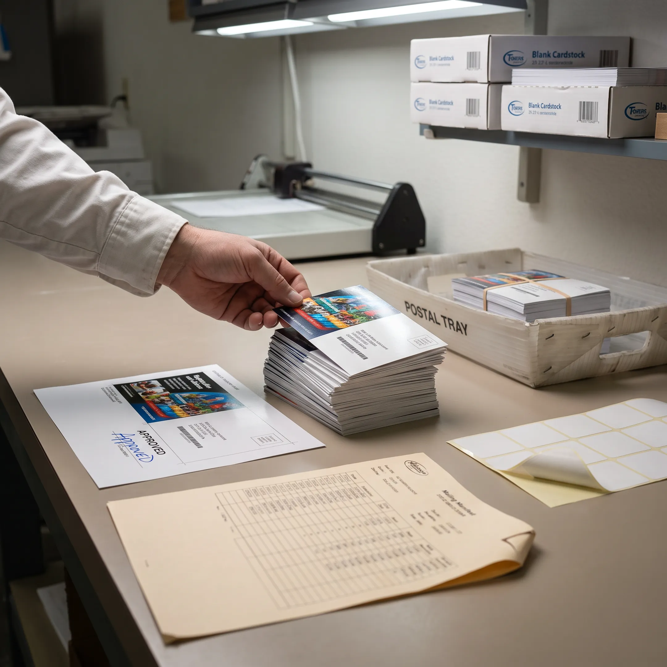 Printed postcard campaign materials ready for mailing
