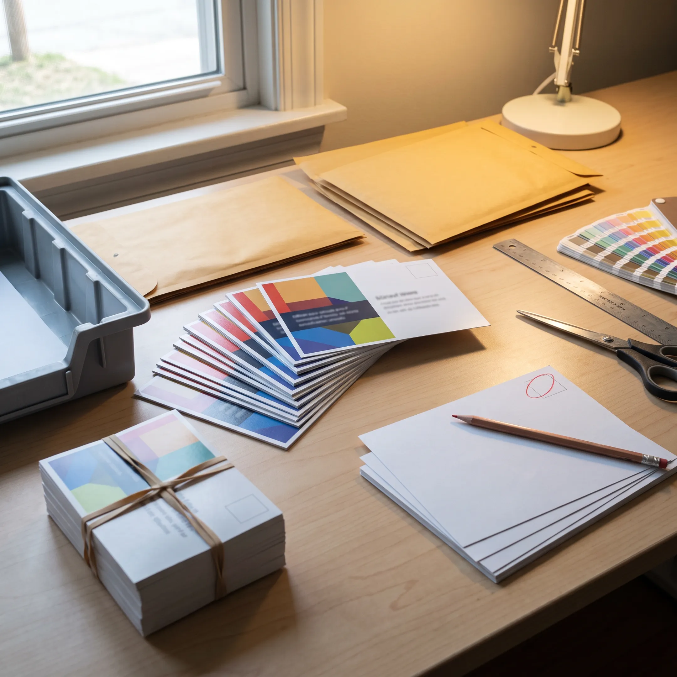 Custom postcards being designed, printed, and prepared for USPS mailing