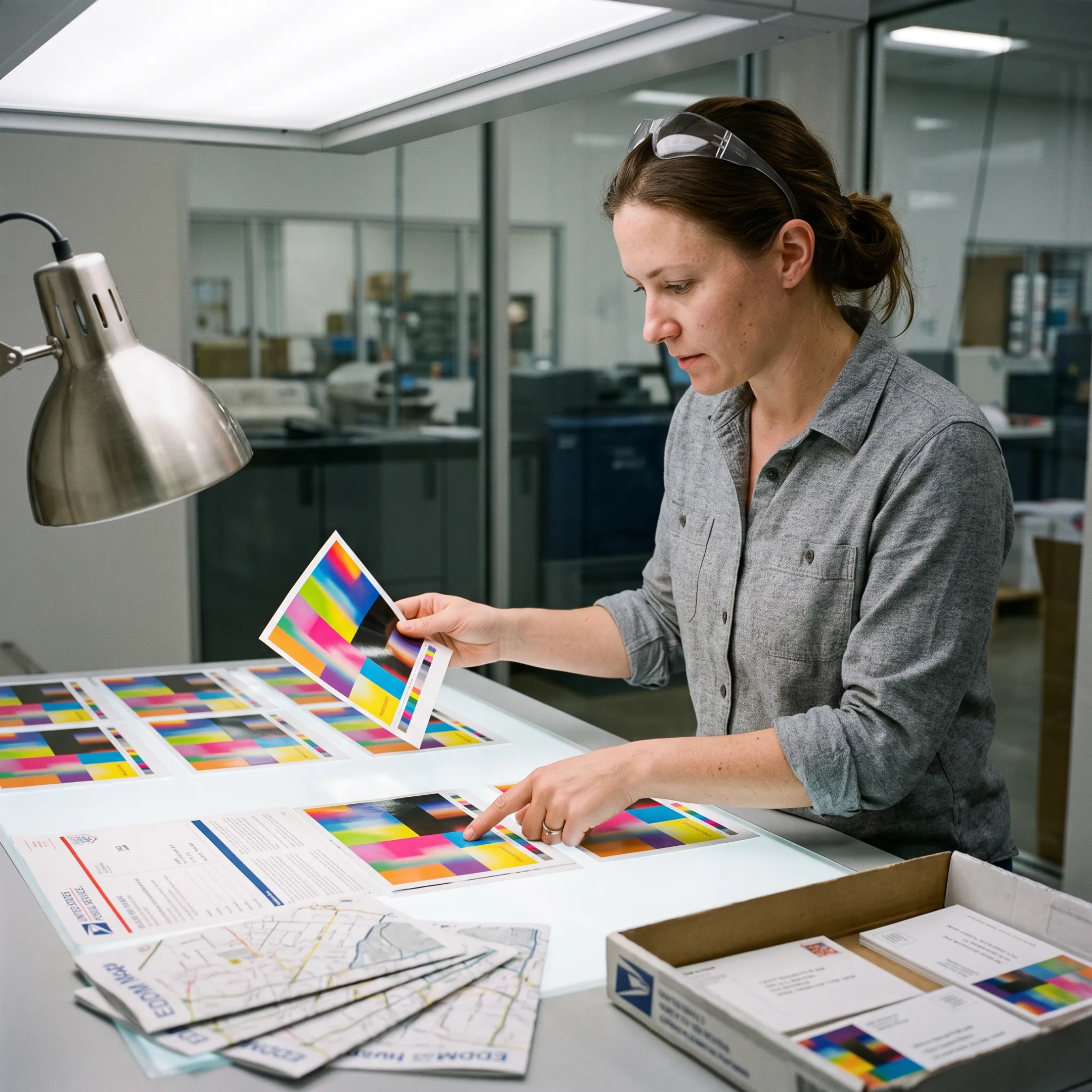 Postcard campaign materials being reviewed before commercial printing