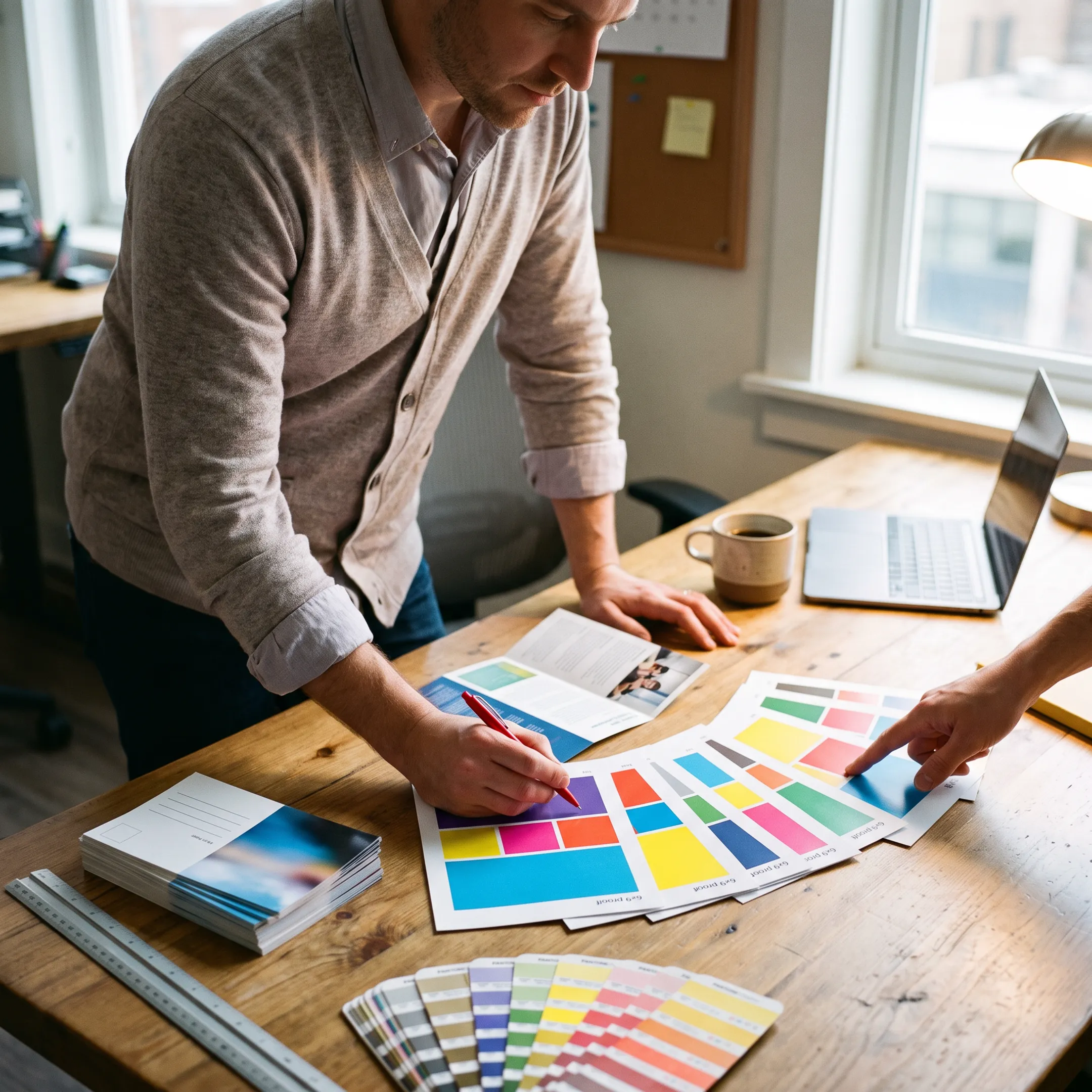 Designer reviewing a custom postcard proof for mailing