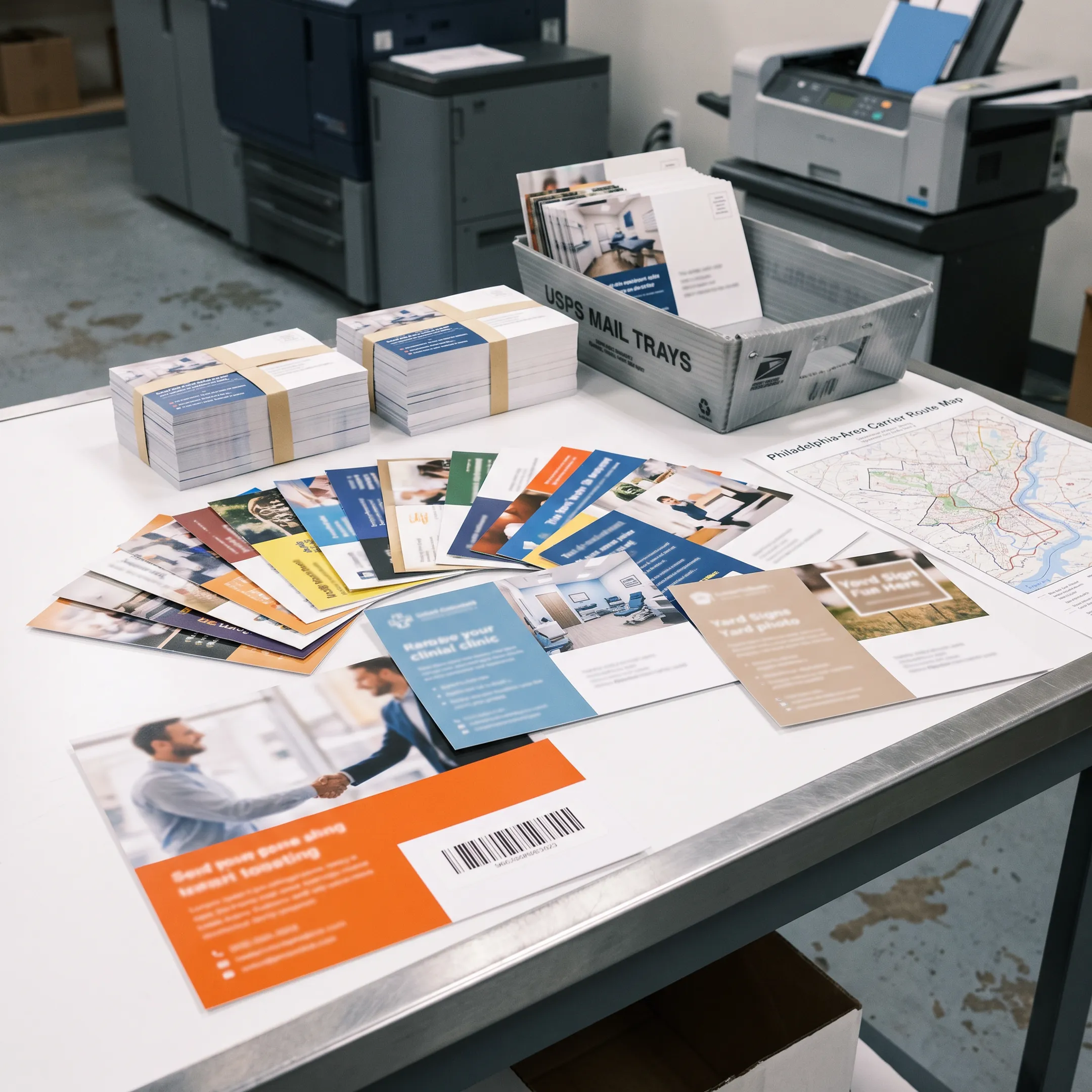 Printed marketing postcards prepared for mailing to Philadelphia households
