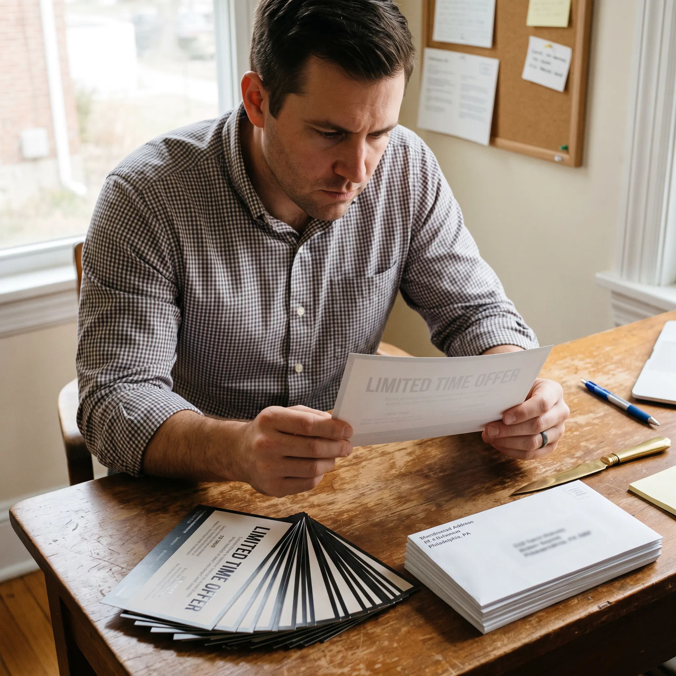 Direct mail postcards being reviewed before USPS processing
