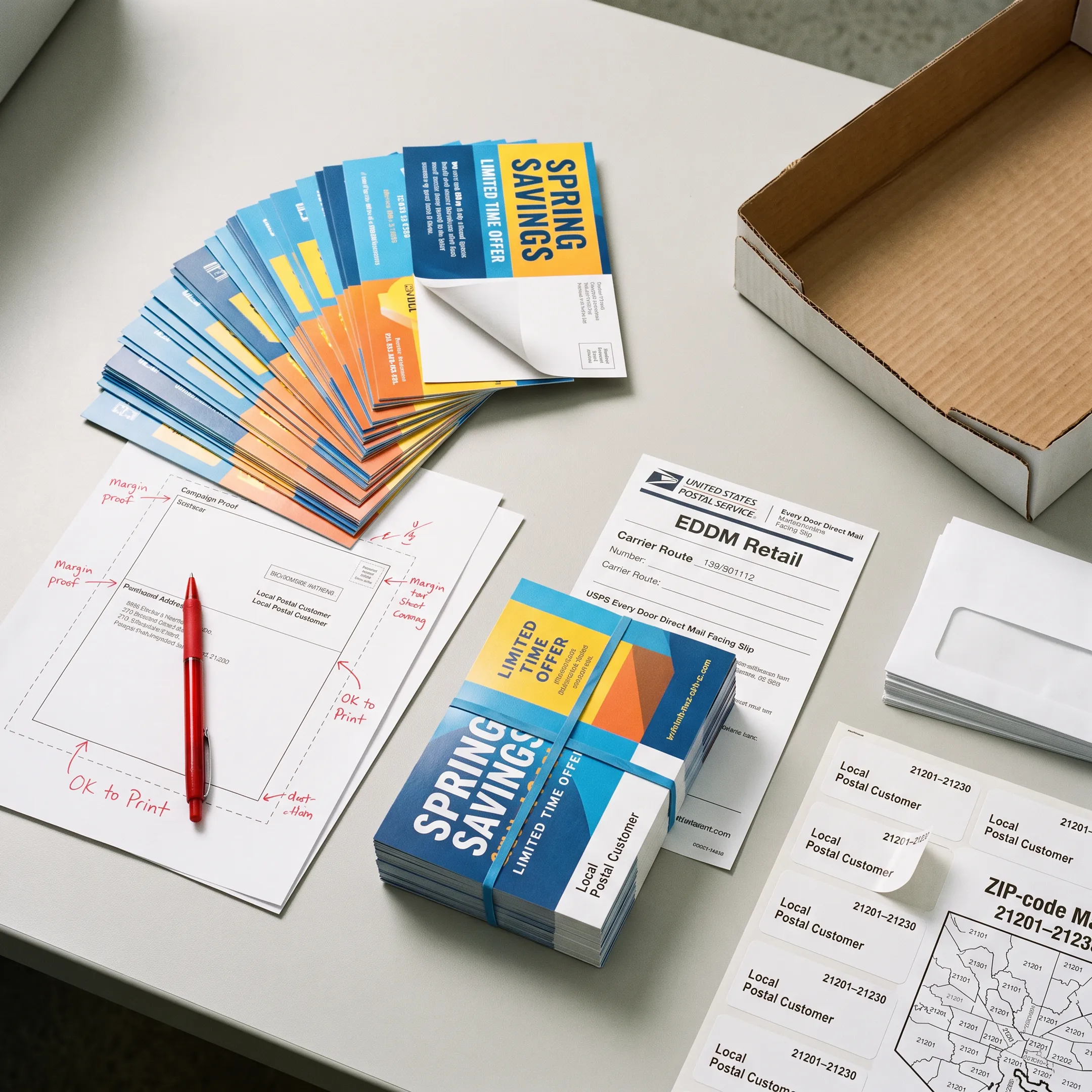 Professionally designed color postcard beside a mailing plan