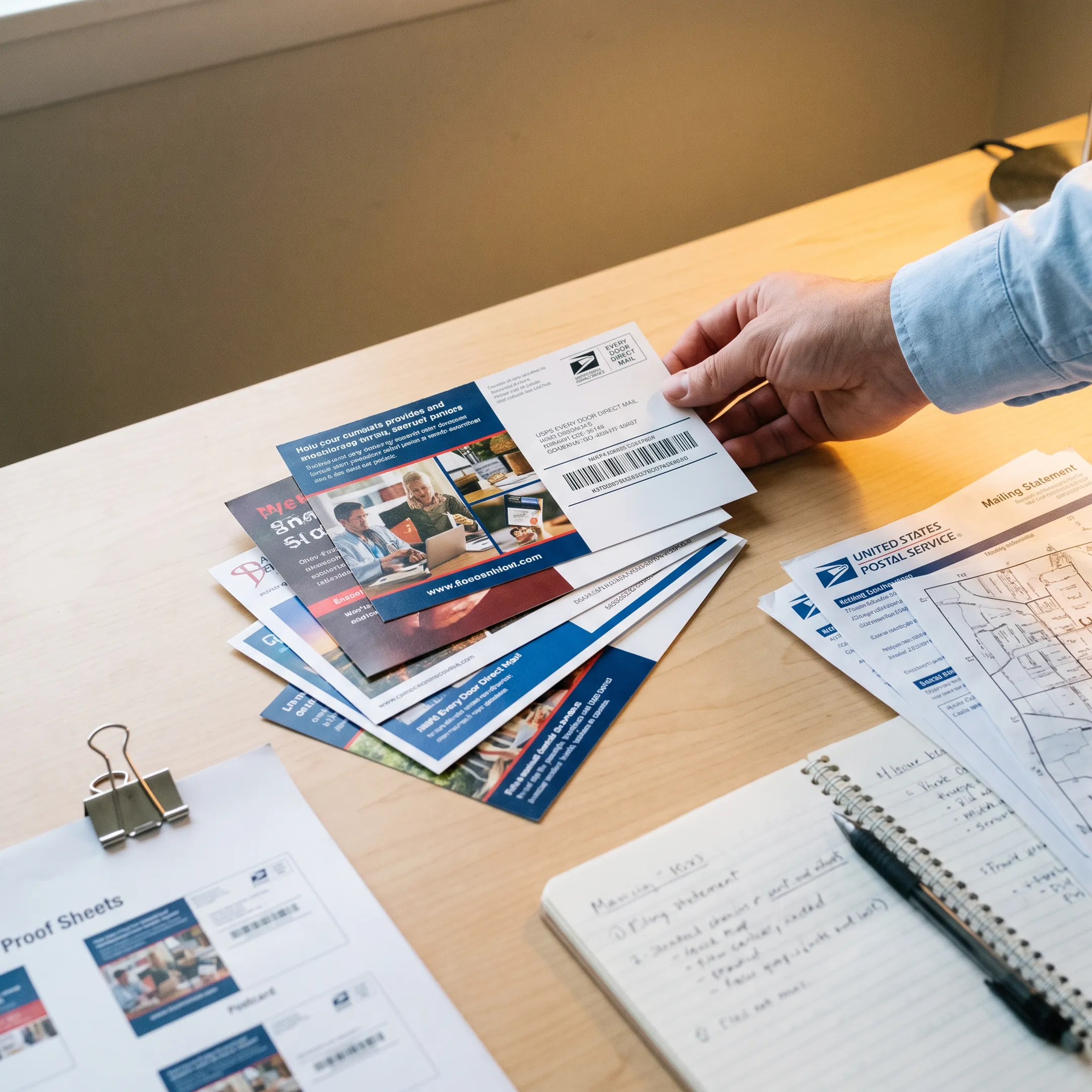 Printed postcard campaign being reviewed before mailing