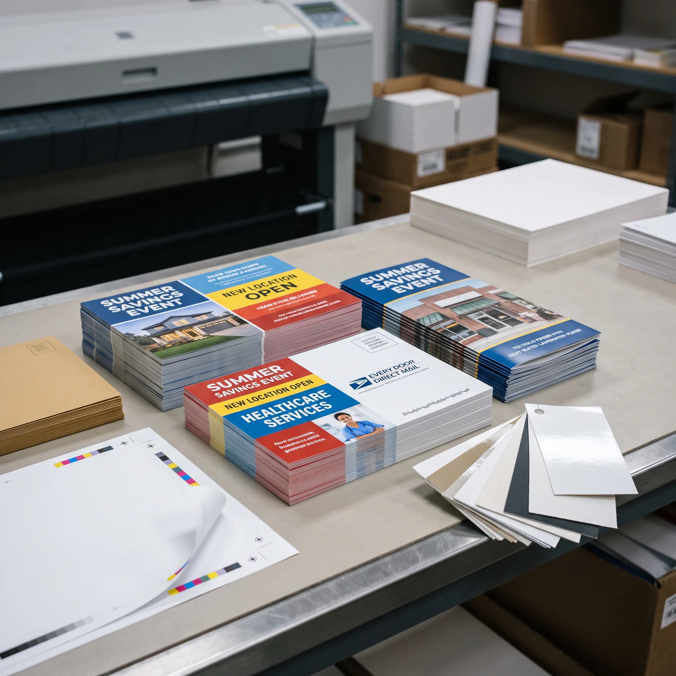 Printed flyers and postcards prepared for neighborhood mail distribution