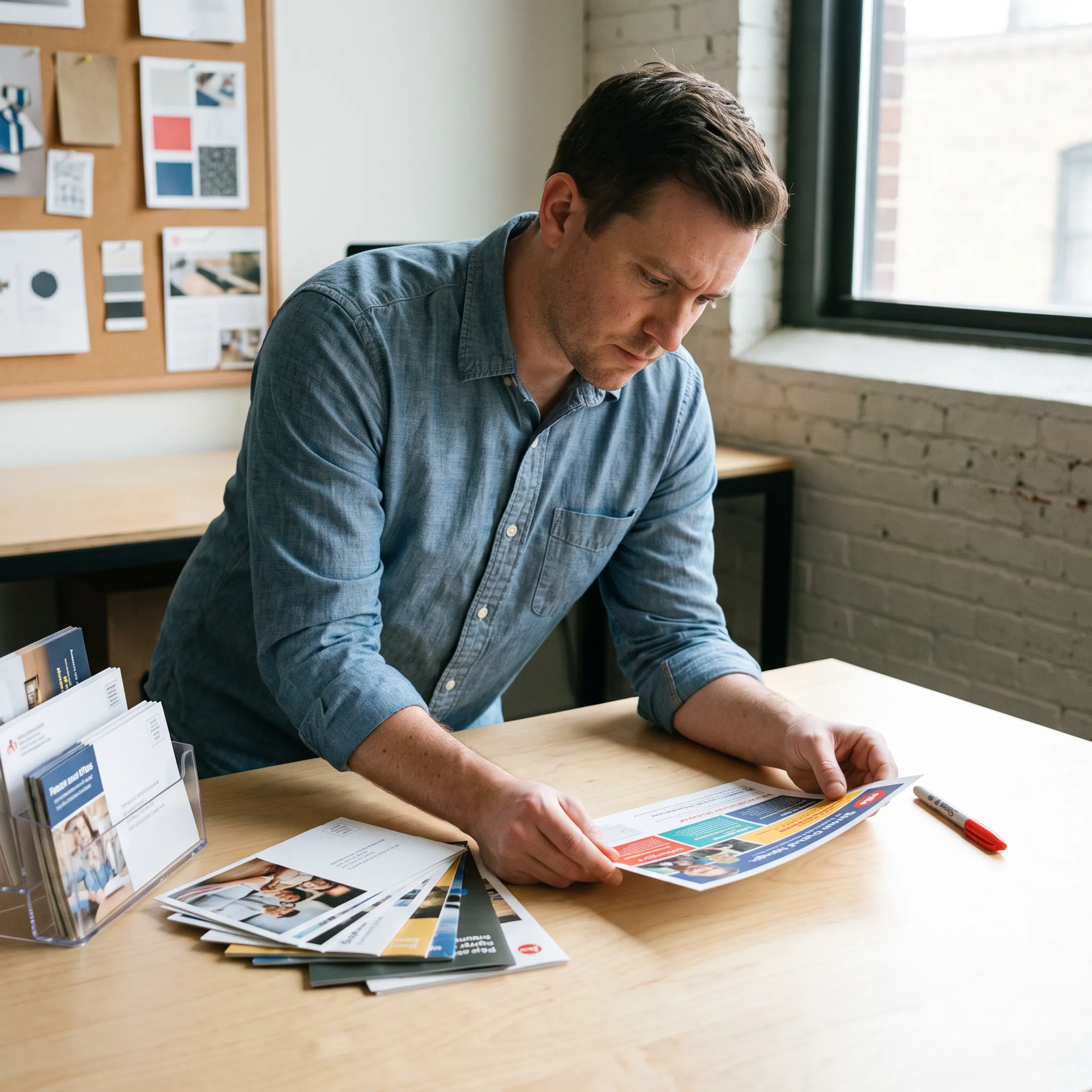 Team member reviewing a direct mail campaign proof