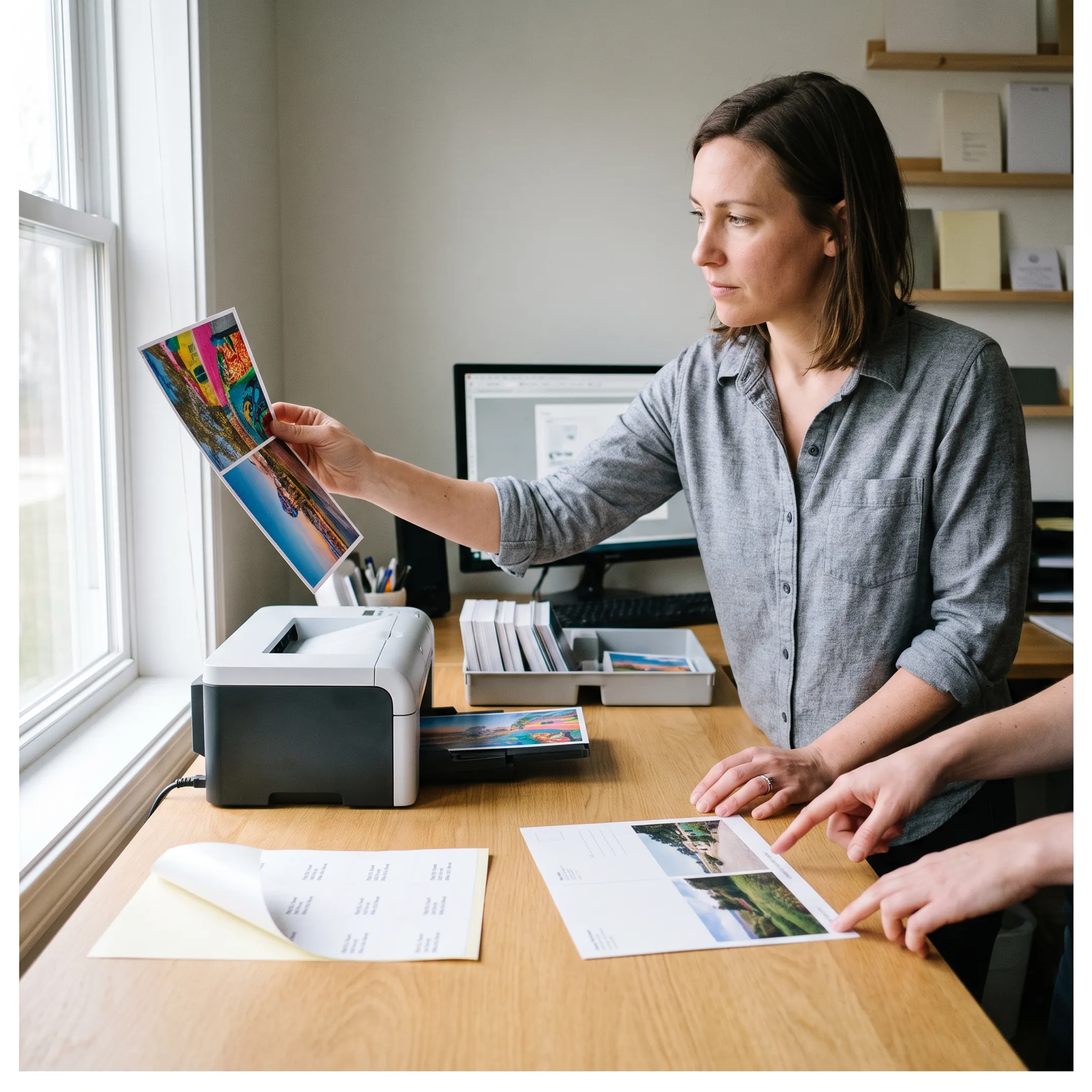 Postcard proof being reviewed before commercial printing and USPS mailing