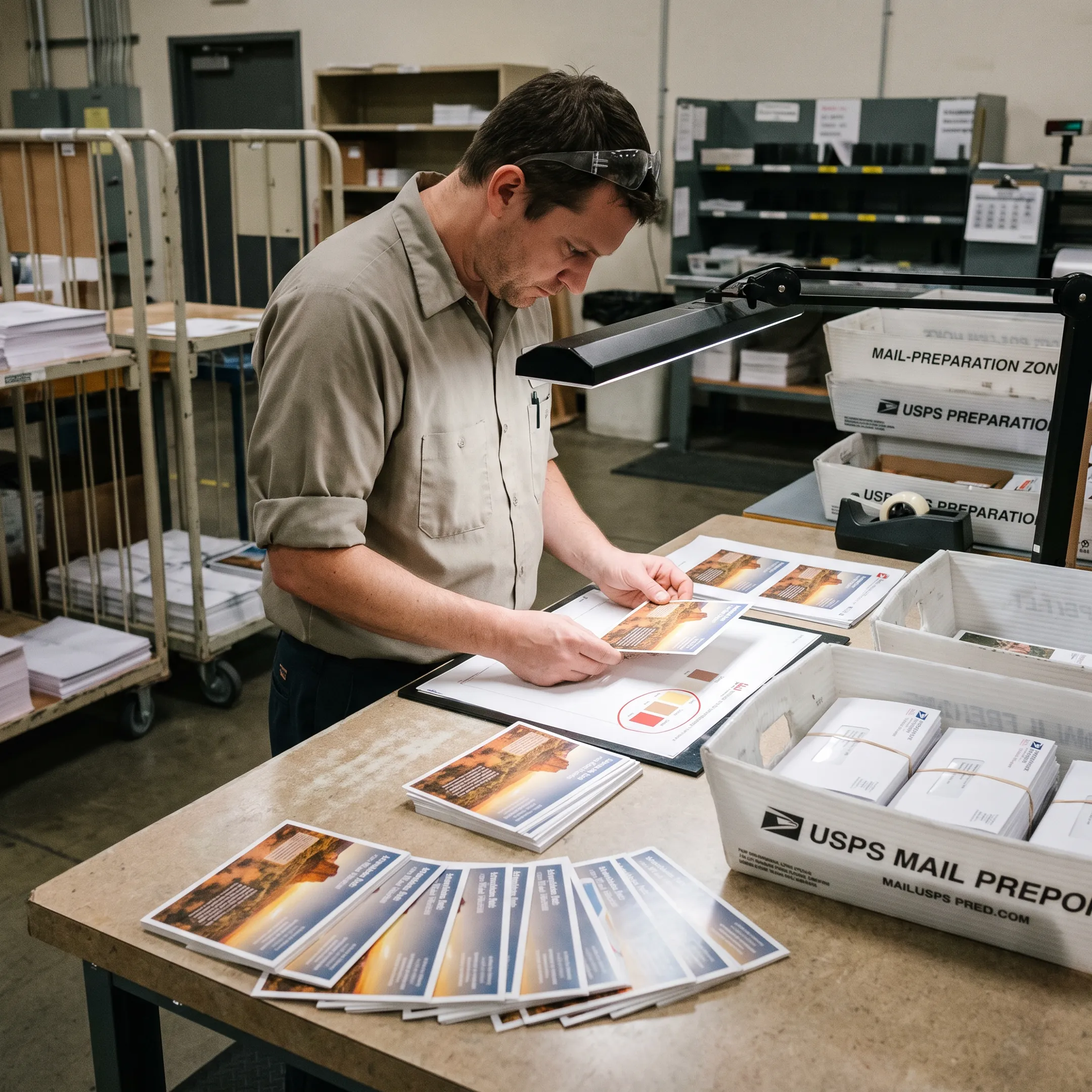 DirectMailEasy team preparing printed direct mail pieces for USPS mailing