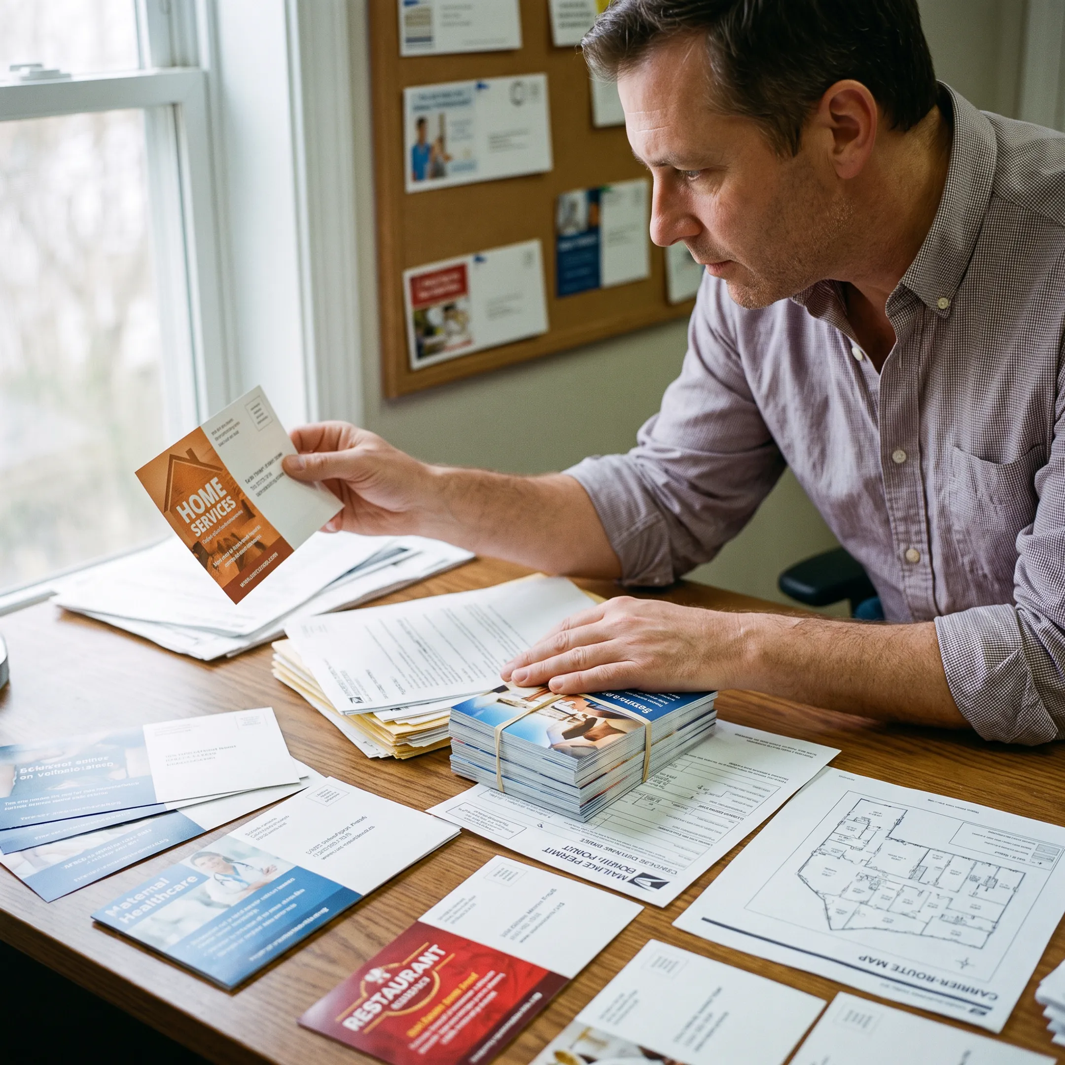 Mail-ready postcard campaign being reviewed before USPS processing