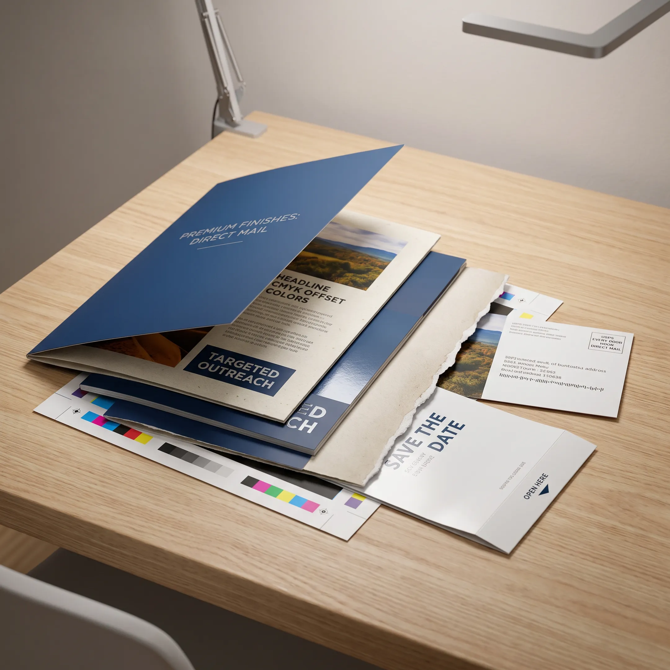 Finished custom brochures displayed with business marketing materials
