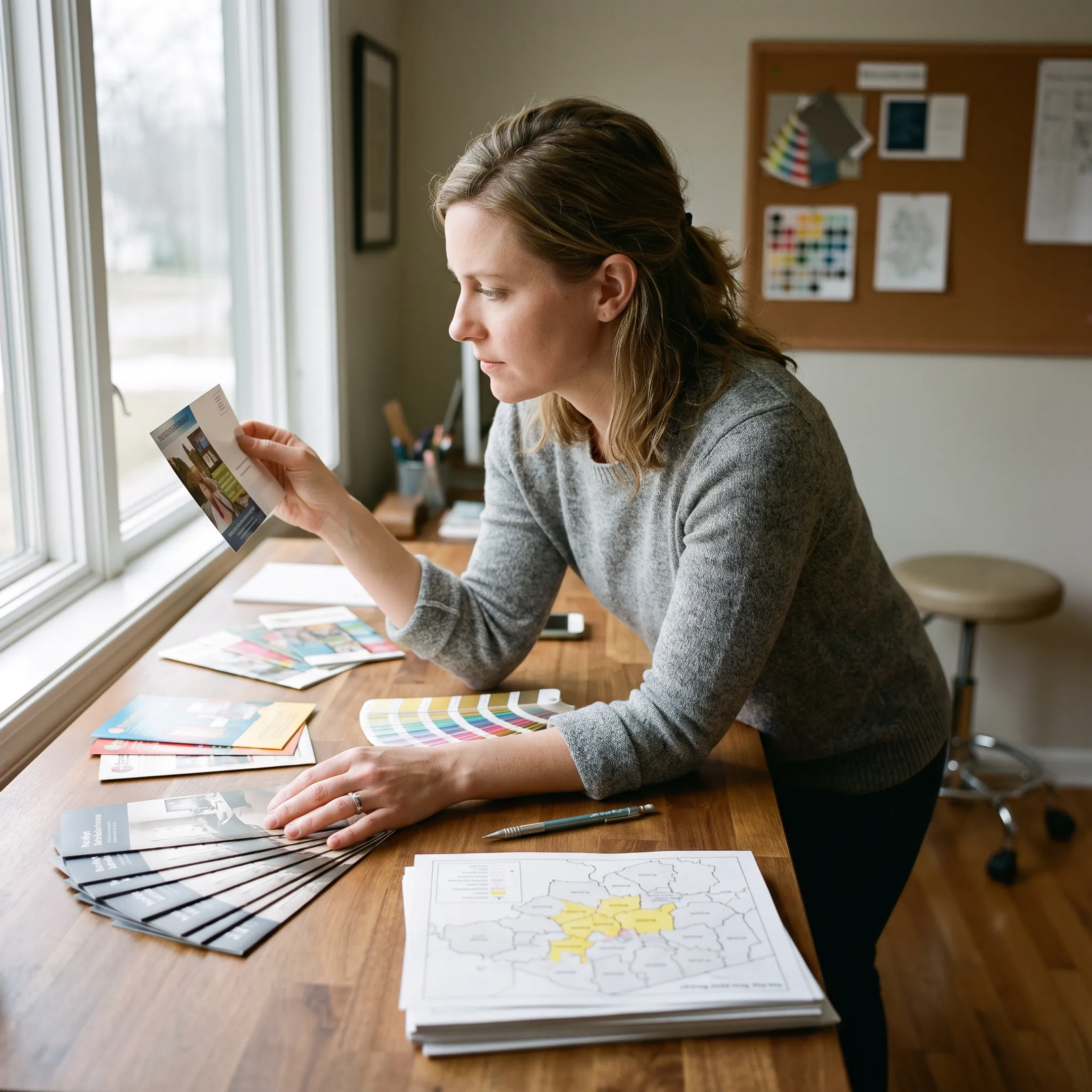 Designer reviewing a colorful business brochure beside printed brochure samples