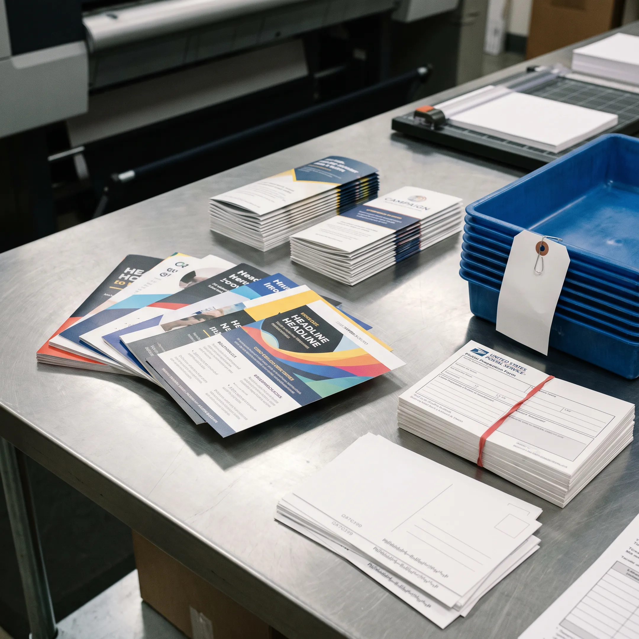 Printed direct mail flyers prepared for mailing