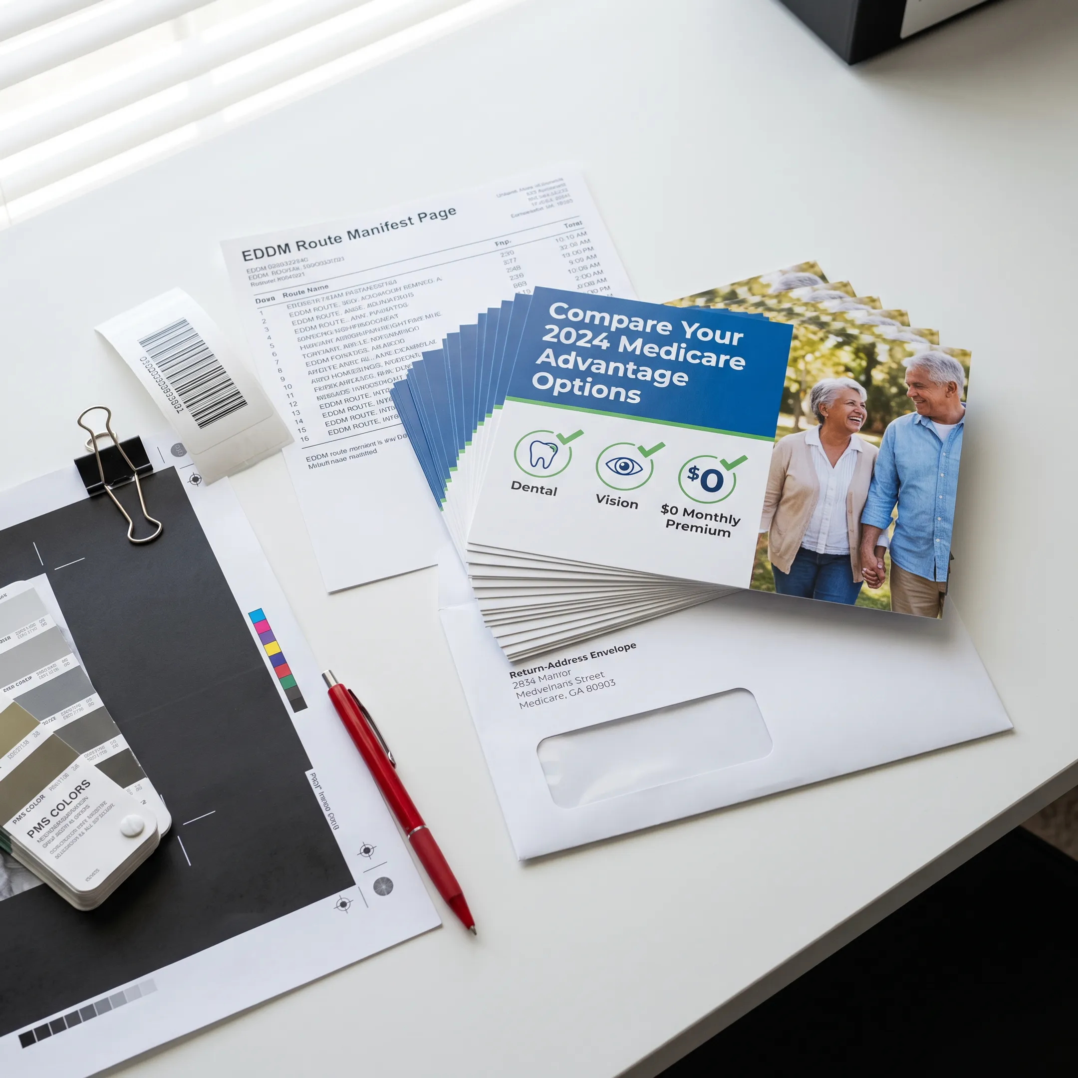 Medicare insurance postcard samples arranged beside a mailing envelope and design proofs