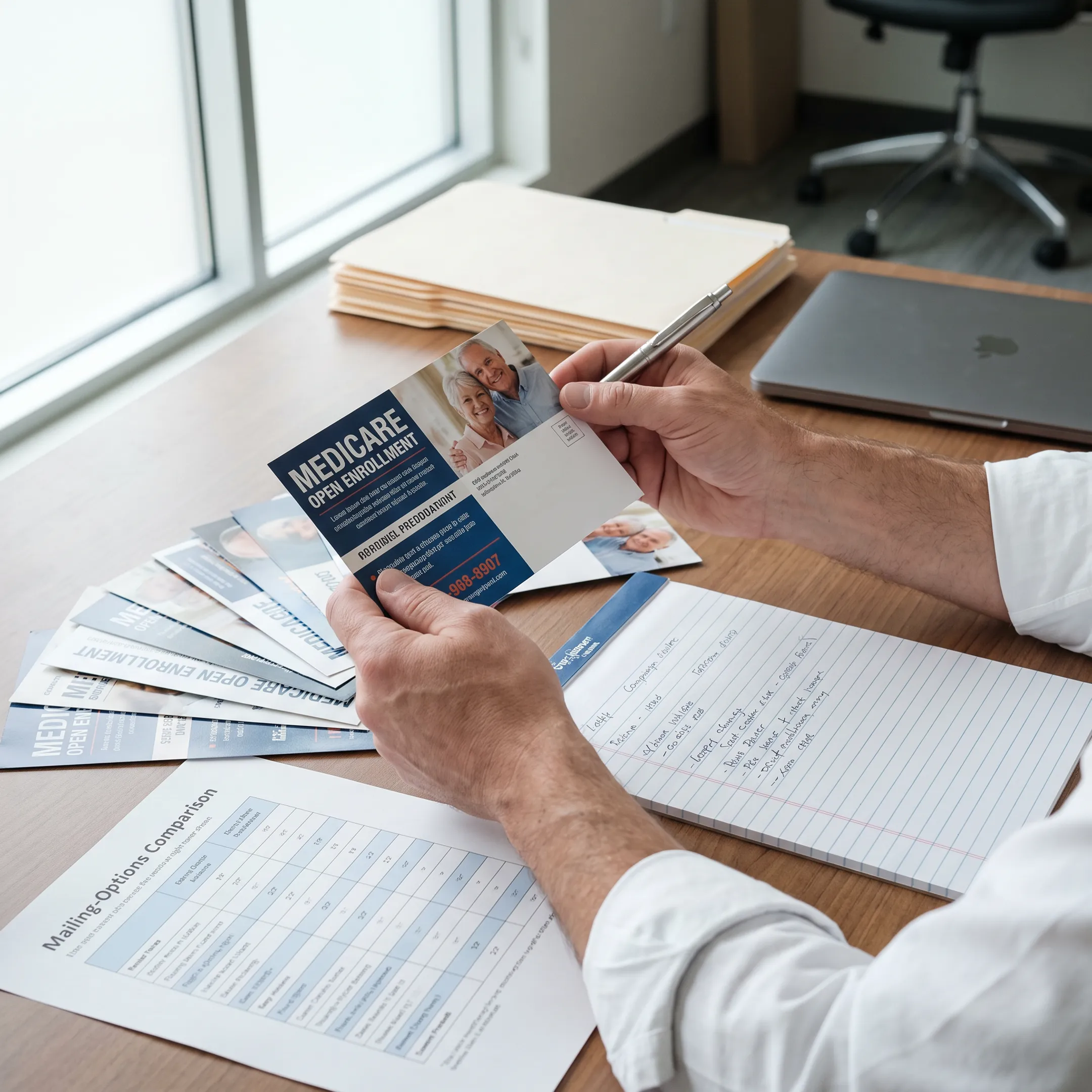 Insurance professional reviewing Medicare postcard designs and mailing options