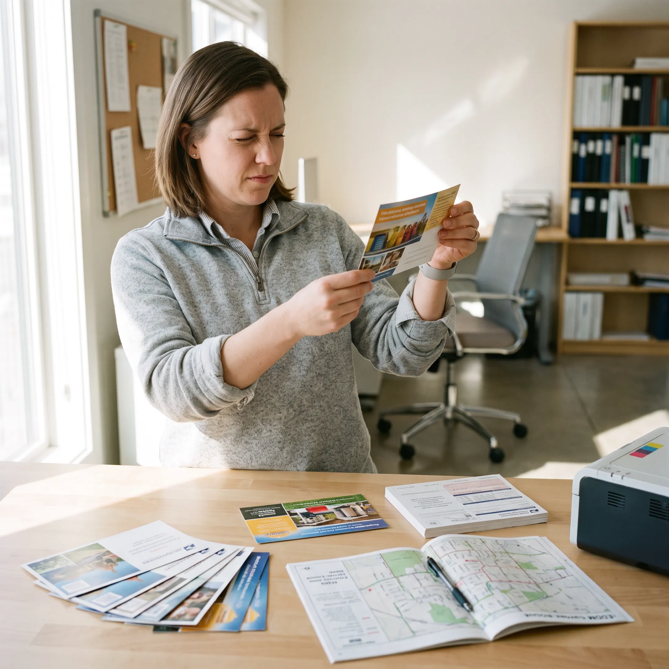 Designer reviewing a postcard proof for a local marketing campaign