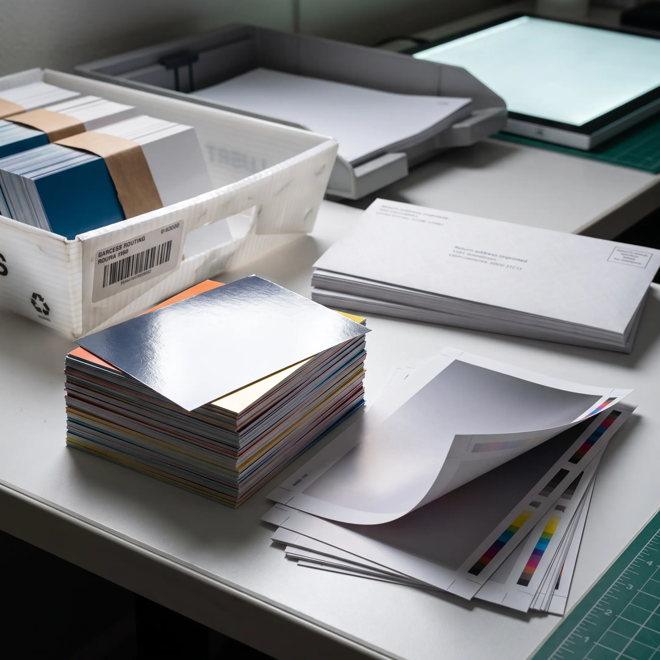 Printed postcards prepared for a Brooklyn business mailing campaign