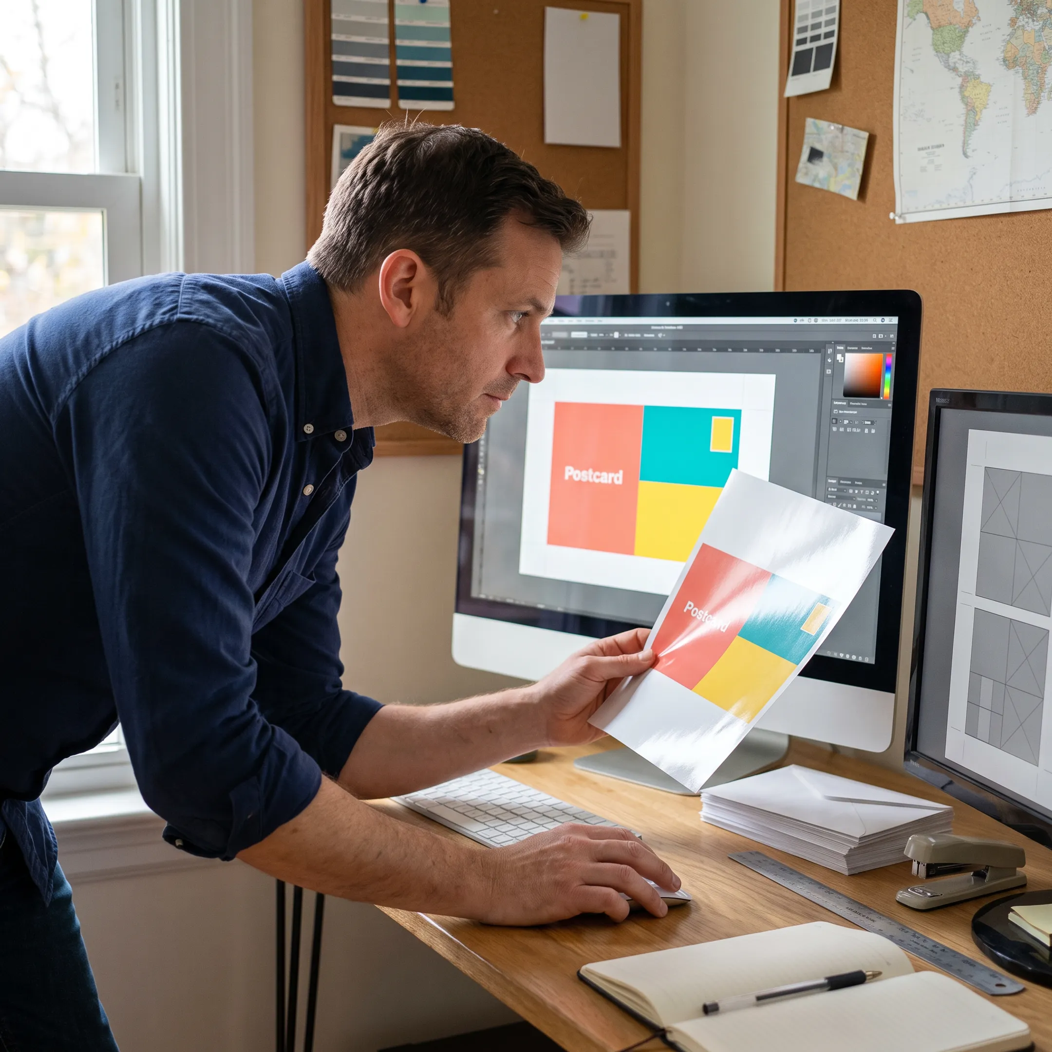 Team member reviewing a designed direct mail postcard