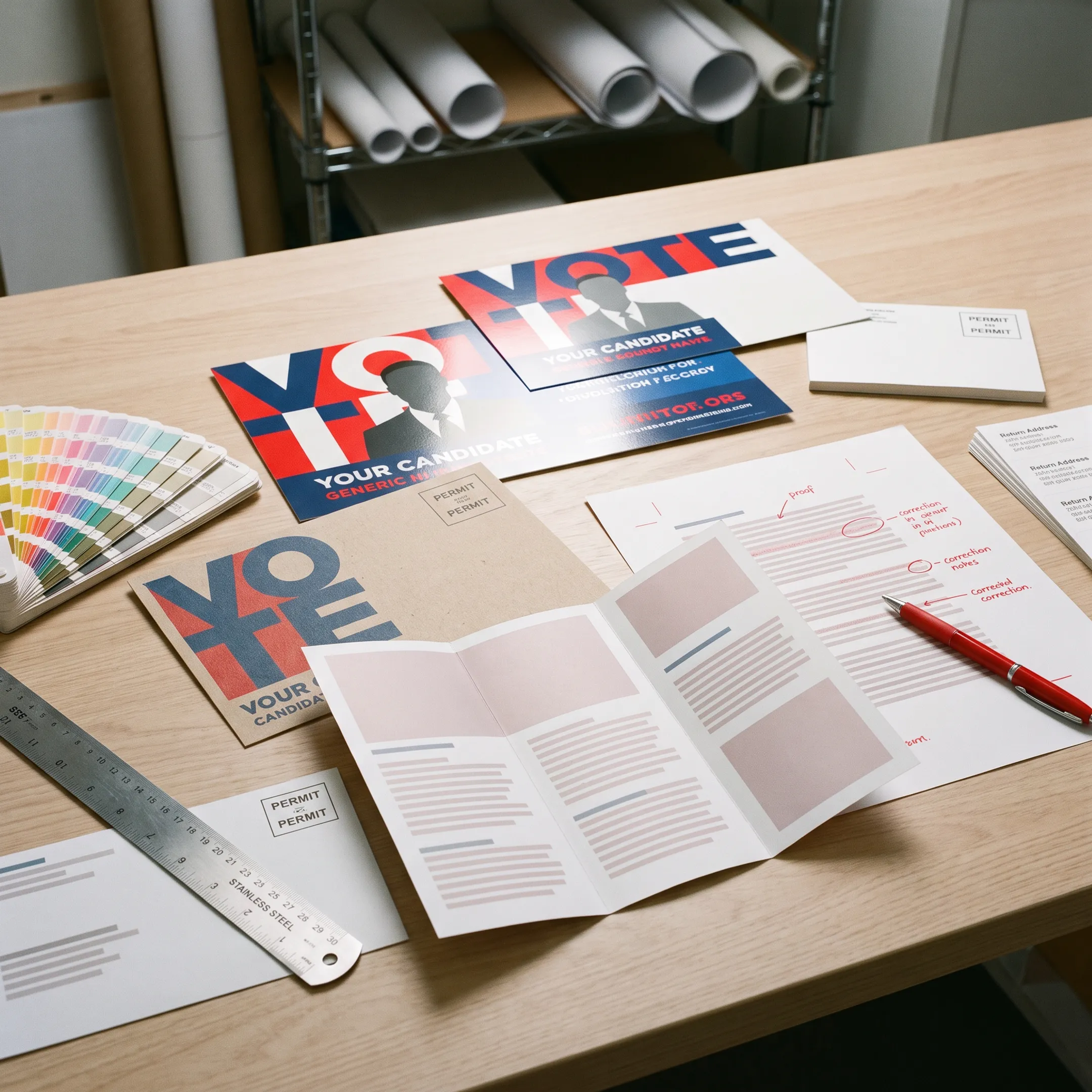 Political campaign postcard designs arranged beside printed voter mailers