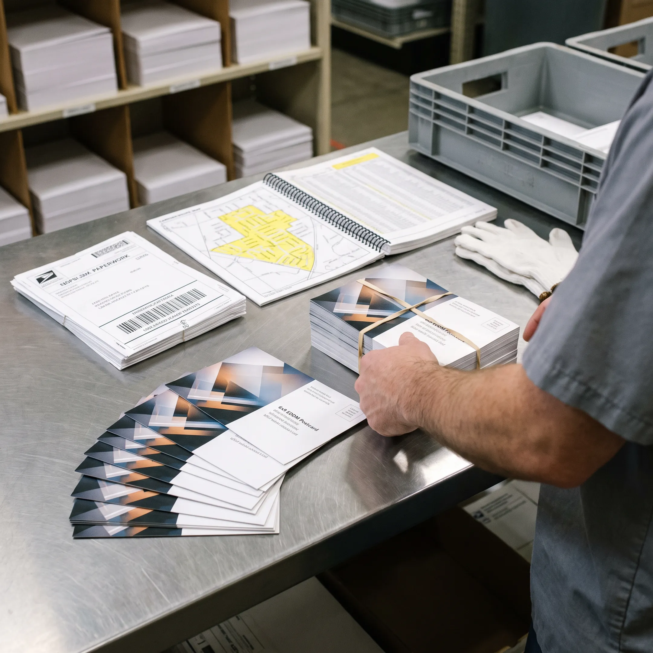 Printed EDDM postcards arranged beside mailing supplies for a neighborhood direct mail campaign
