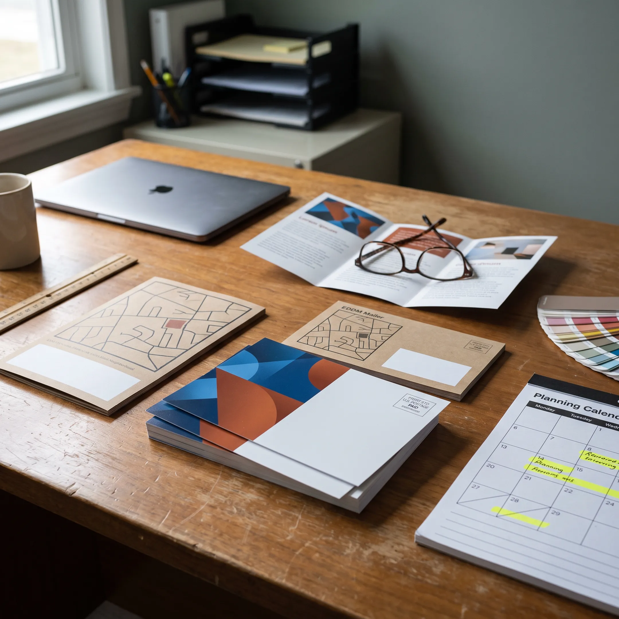 Property management postcards arranged beside a mailing plan and printed marketing materials