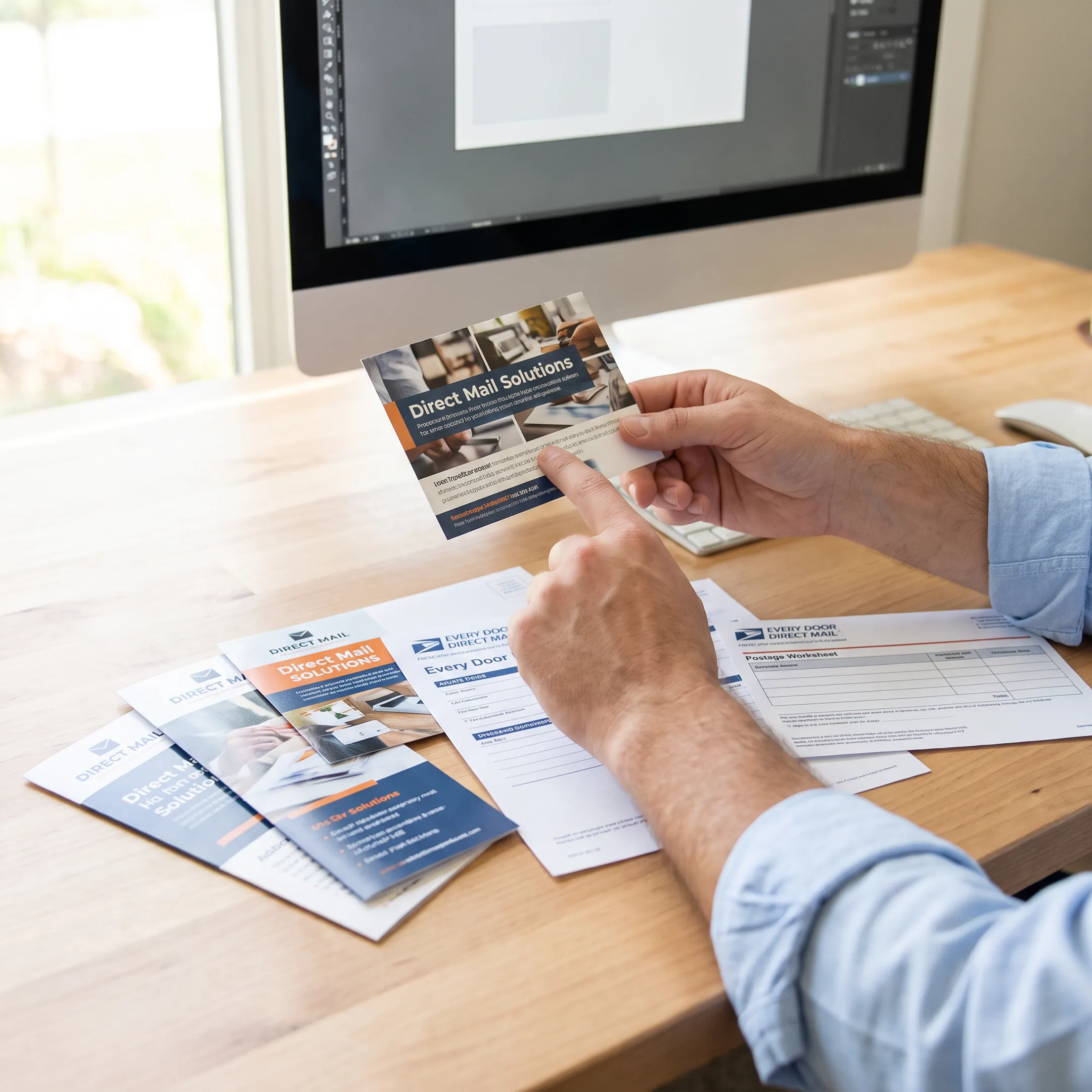 Printed property management postcard being reviewed before mailing