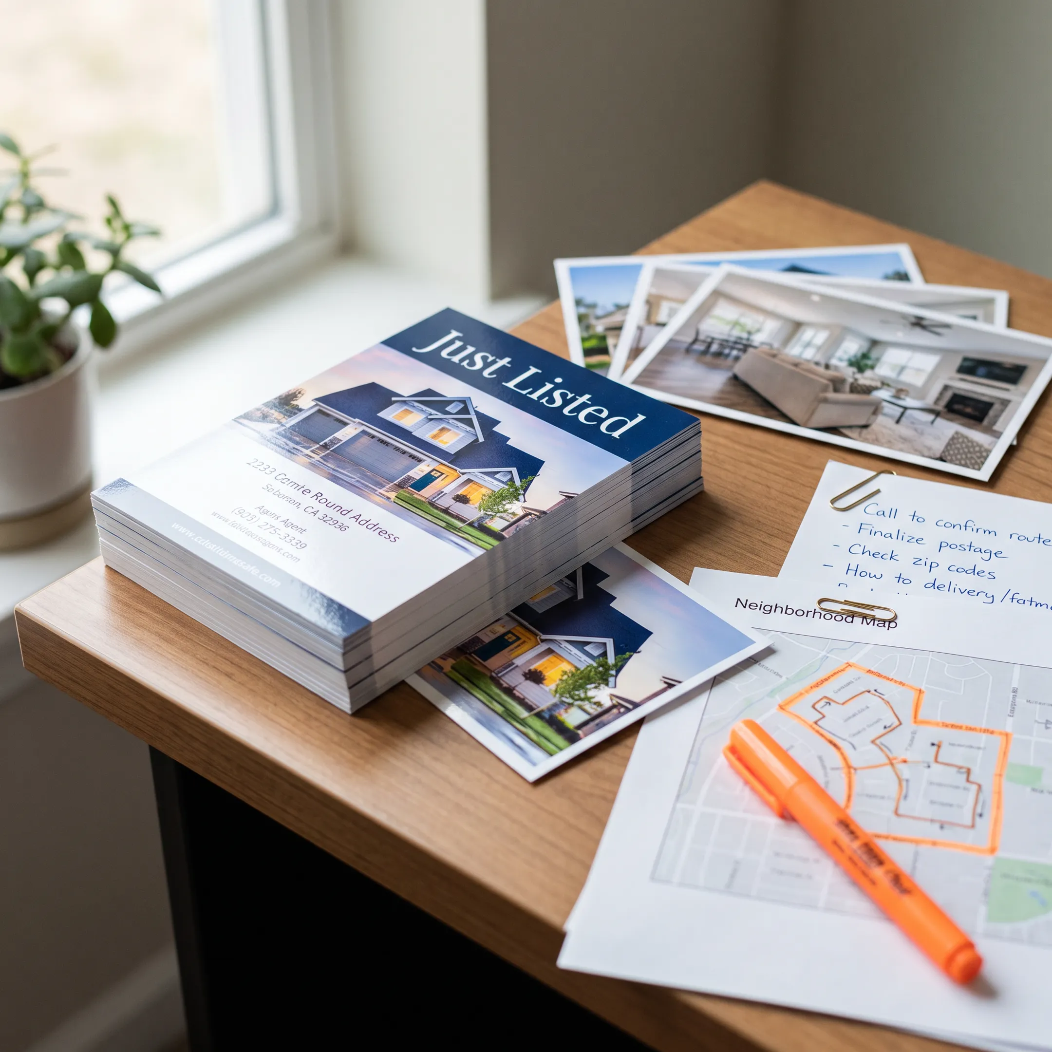 Just listed real estate postcards arranged beside property marketing materials