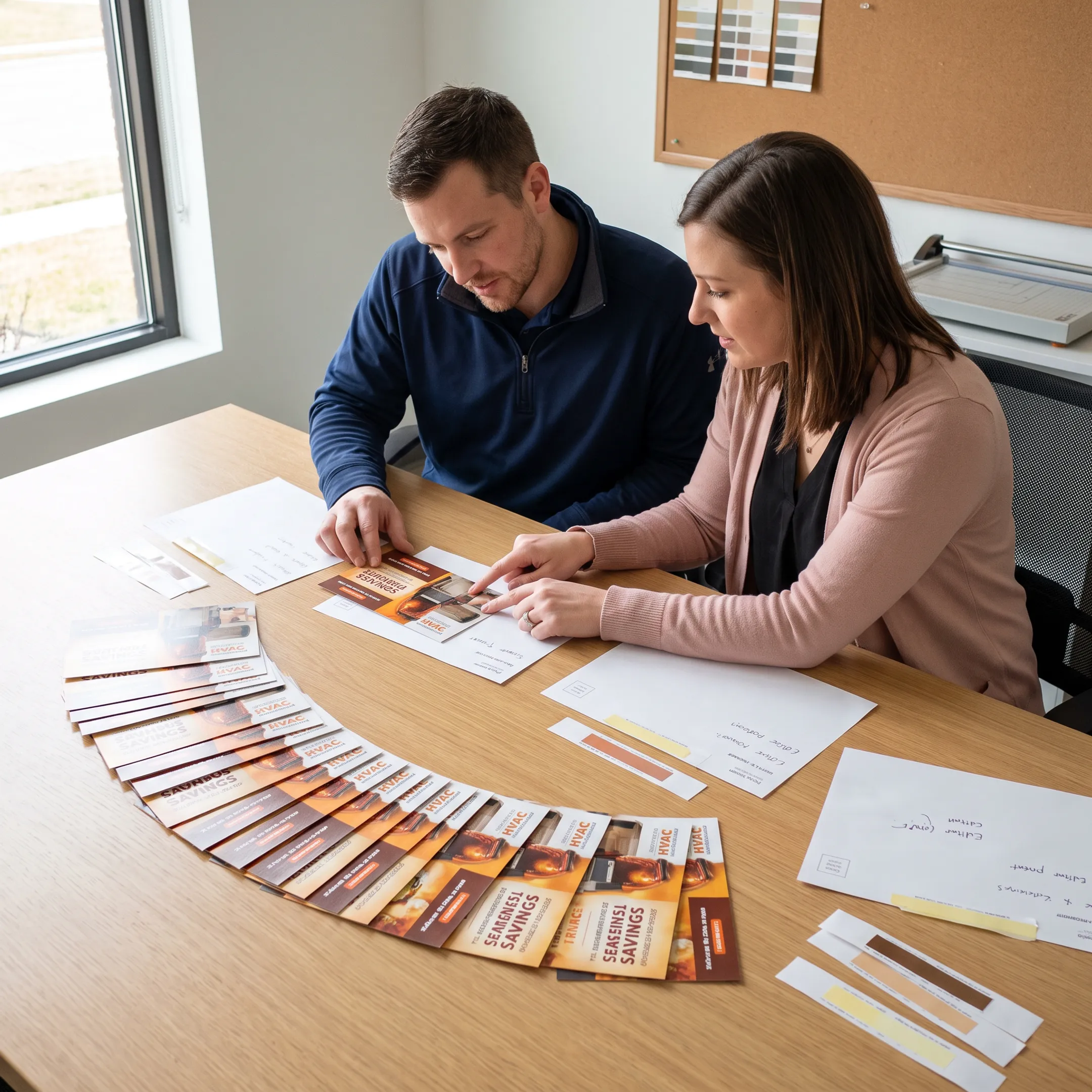 HVAC technician reviewing a colorful direct mail postcard campaign for local homeowners