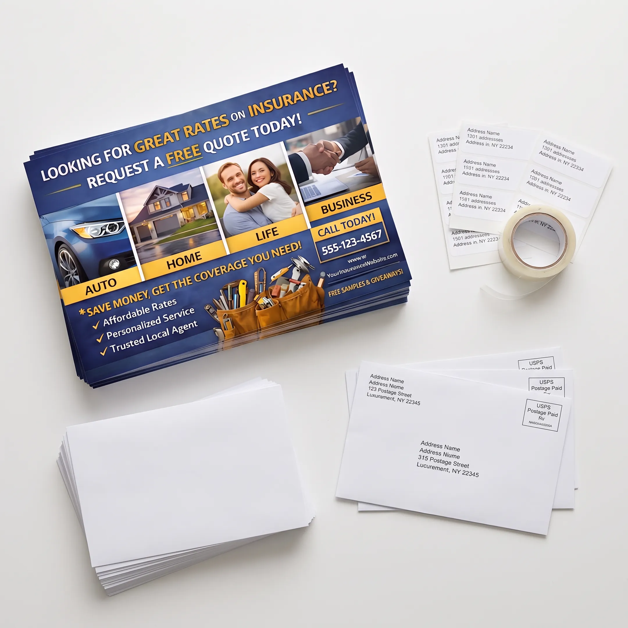 Professionally printed insurance postcards prepared for USPS mailing