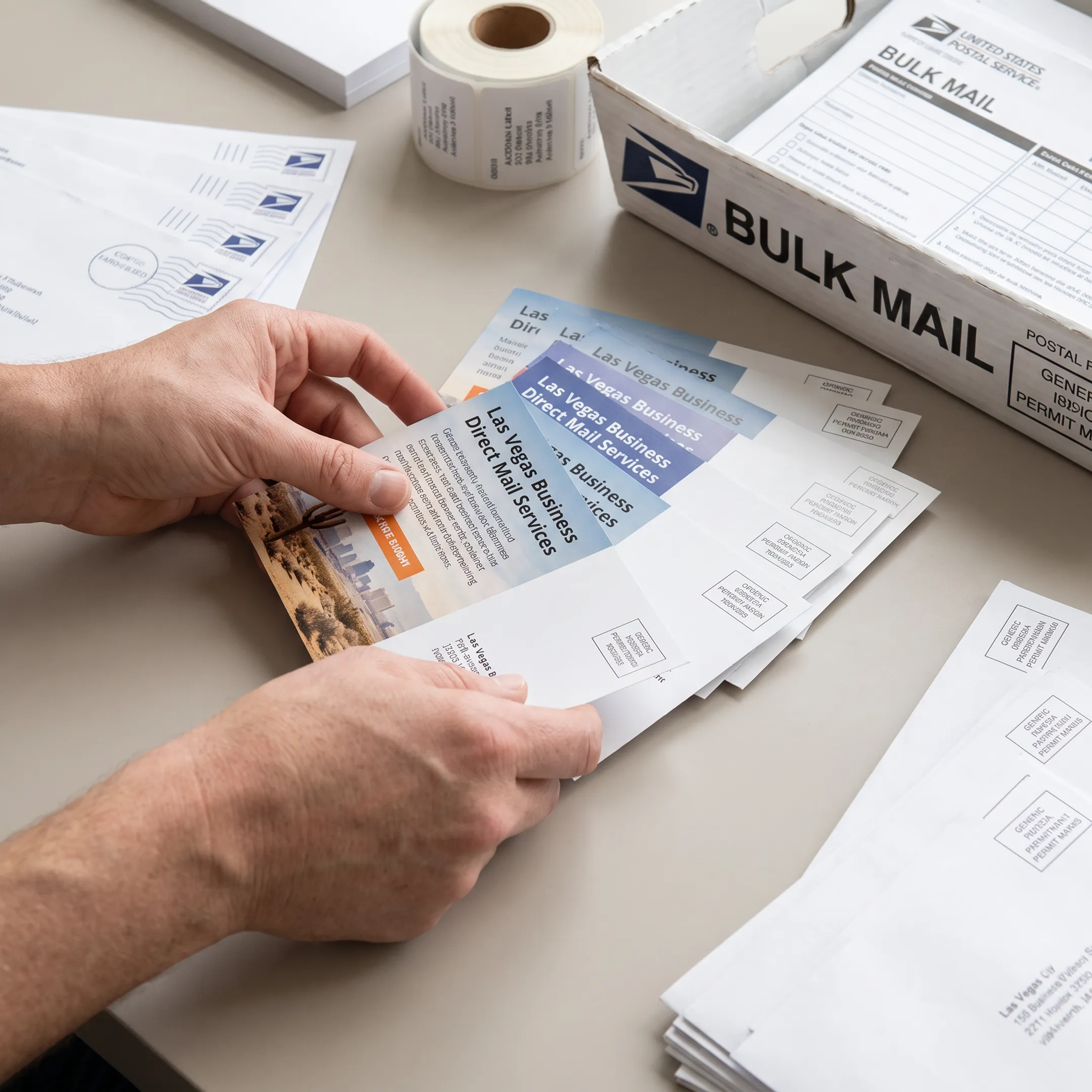 Direct mail postcards prepared for USPS delivery to Las Vegas neighborhoods