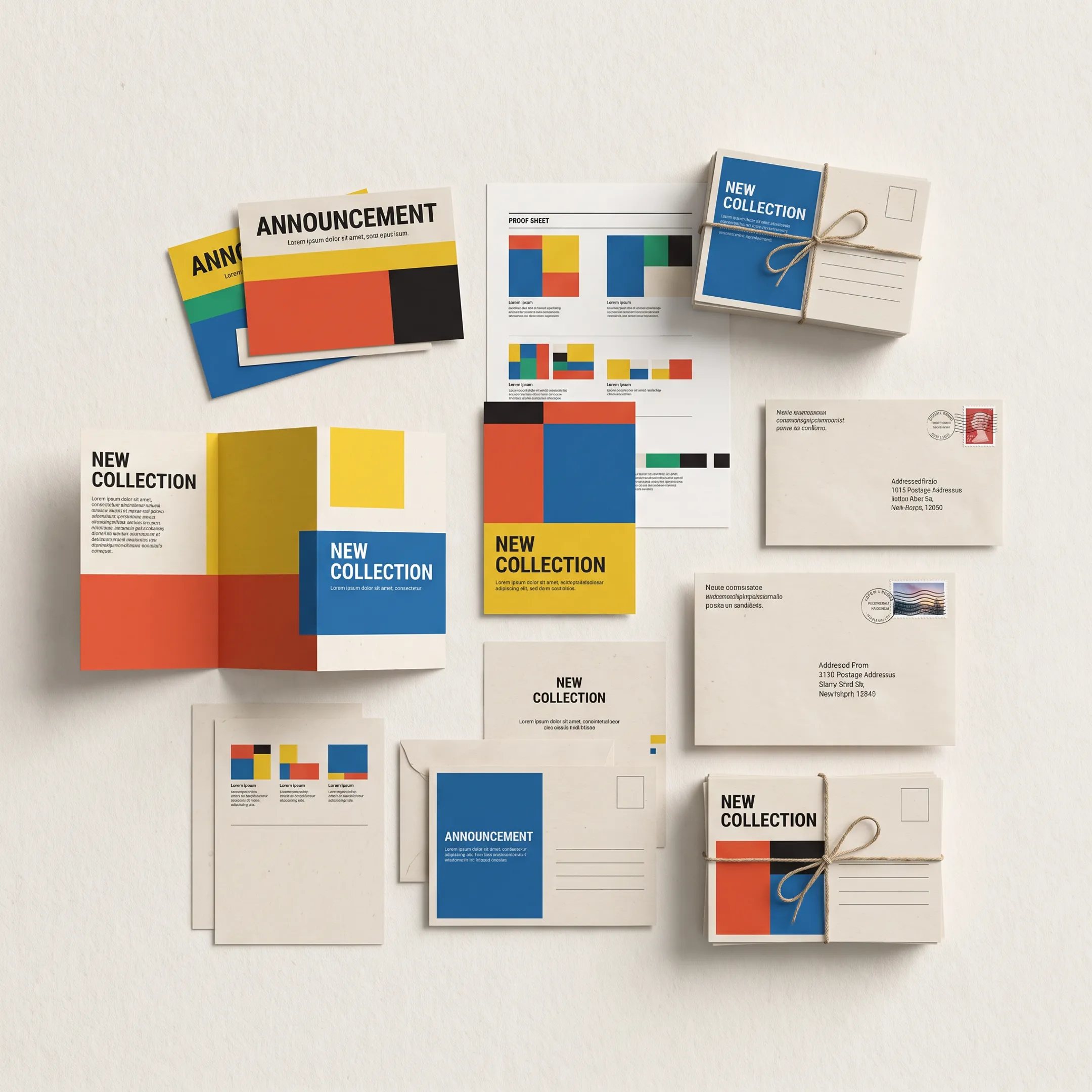 Printed postcards and brochures prepared for a bulk mailing campaign