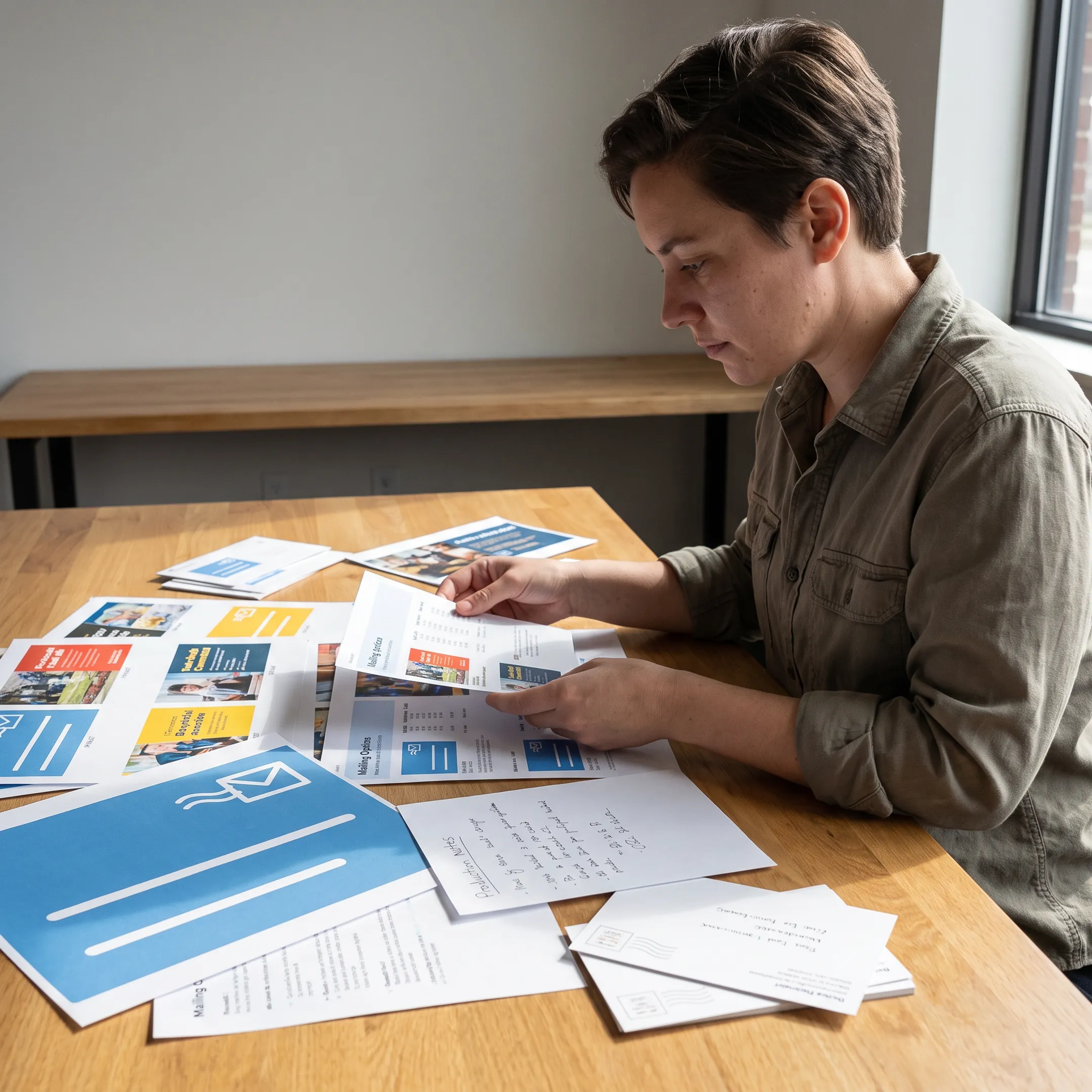 Designer reviewing a custom postcard proof for a Detroit mail campaign