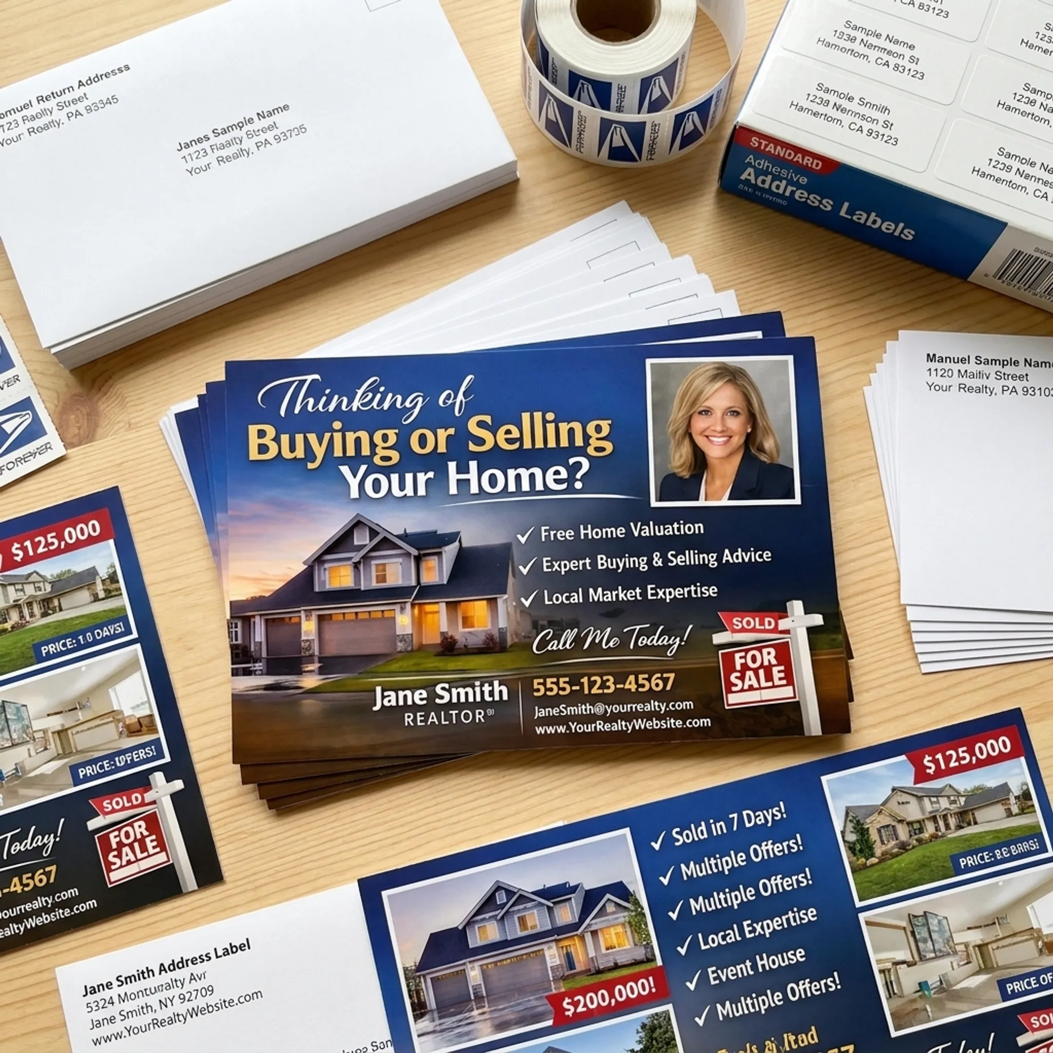 Printed real estate postcards and mailing supplies prepared for campaign fulfillment