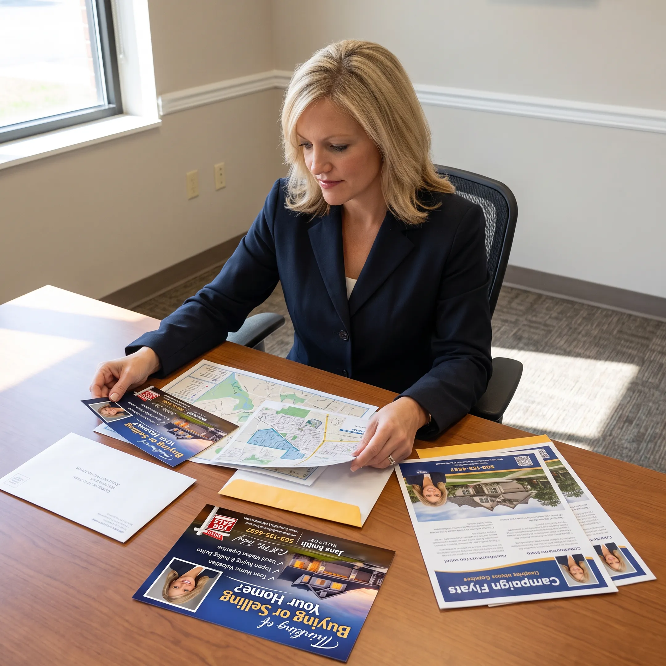 Real estate agent reviewing direct mail postcards for a neighborhood marketing campaign