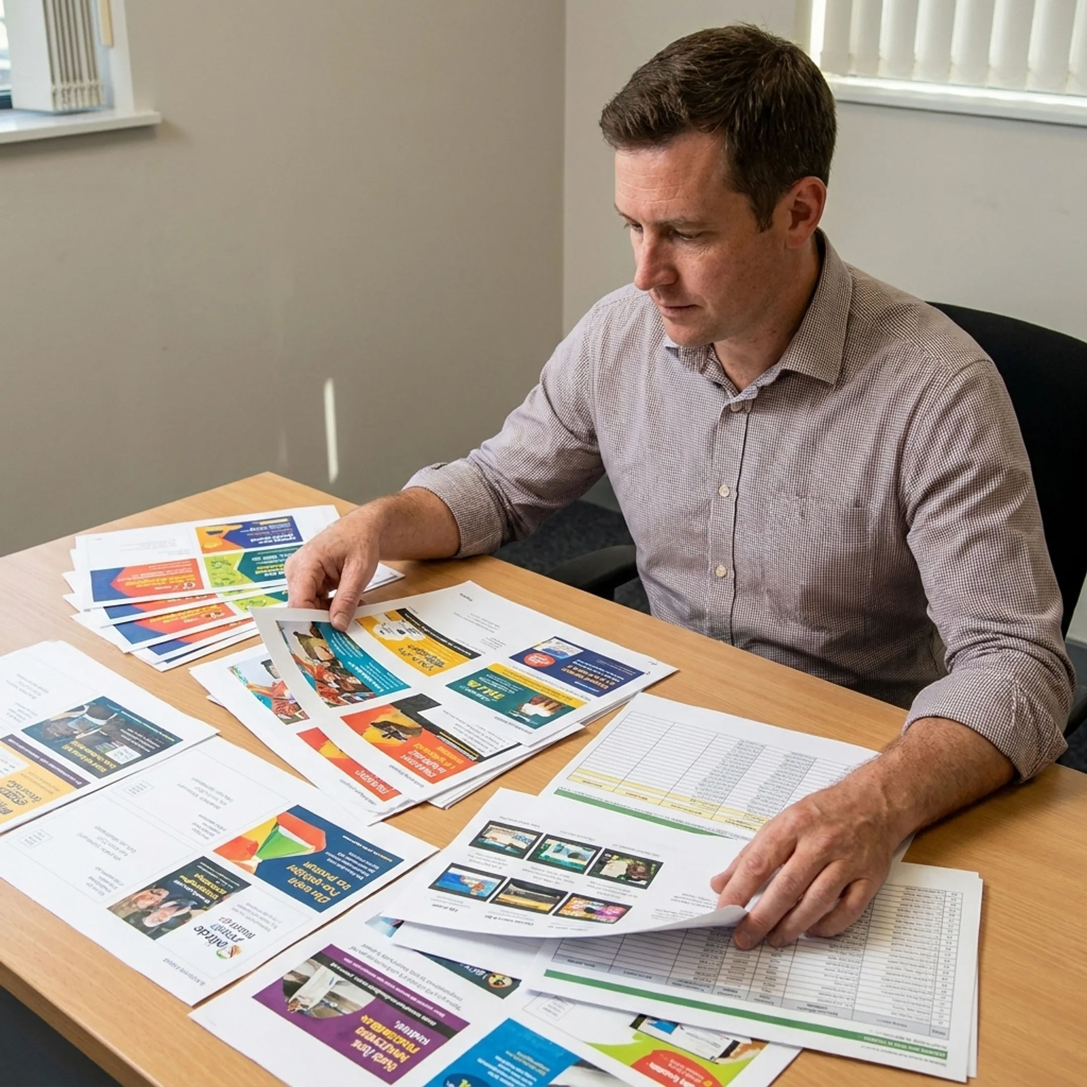 Professional reviewing a direct mail campaign proof before printing
