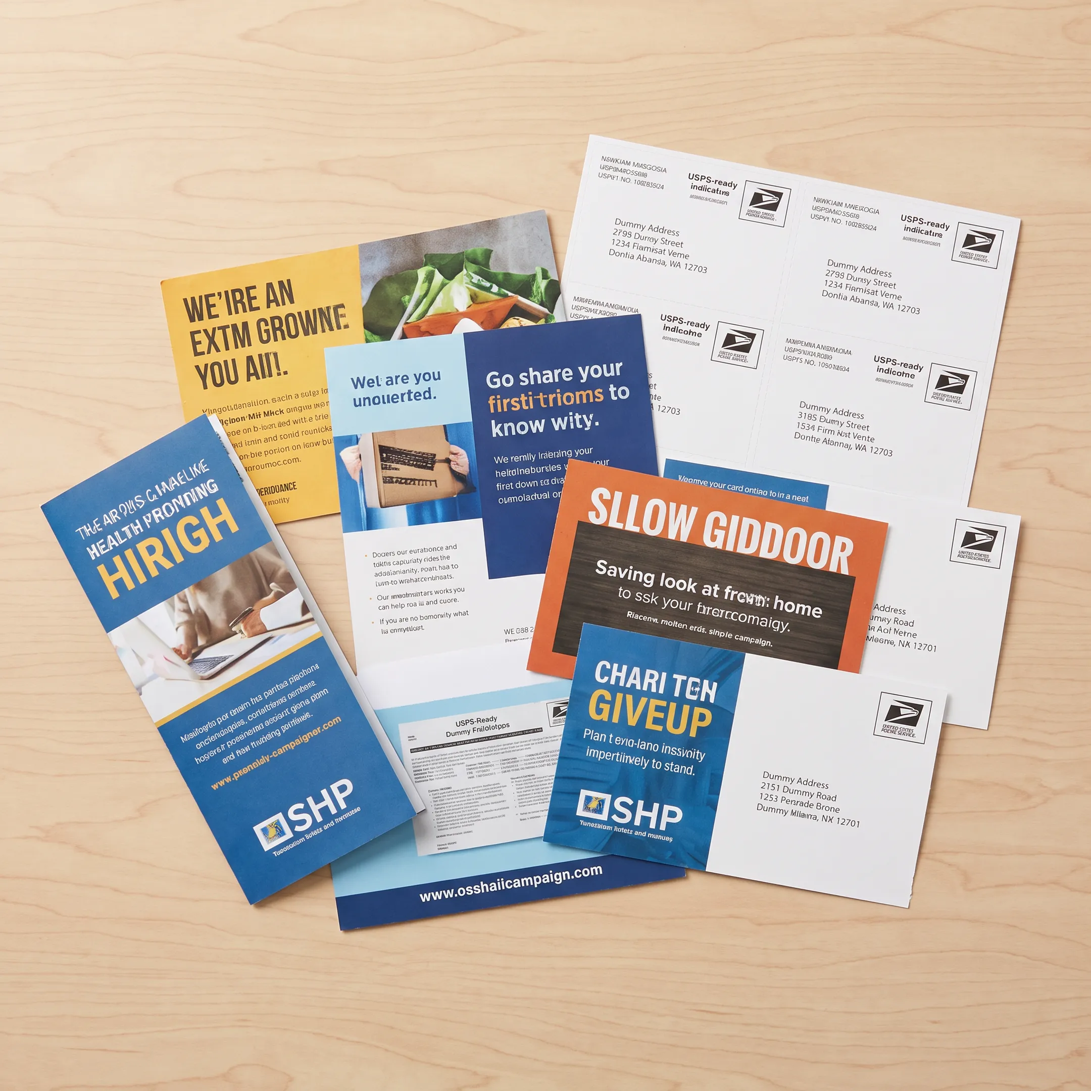 Direct mail postcards arranged beside printed marketing materials and mailing supplies