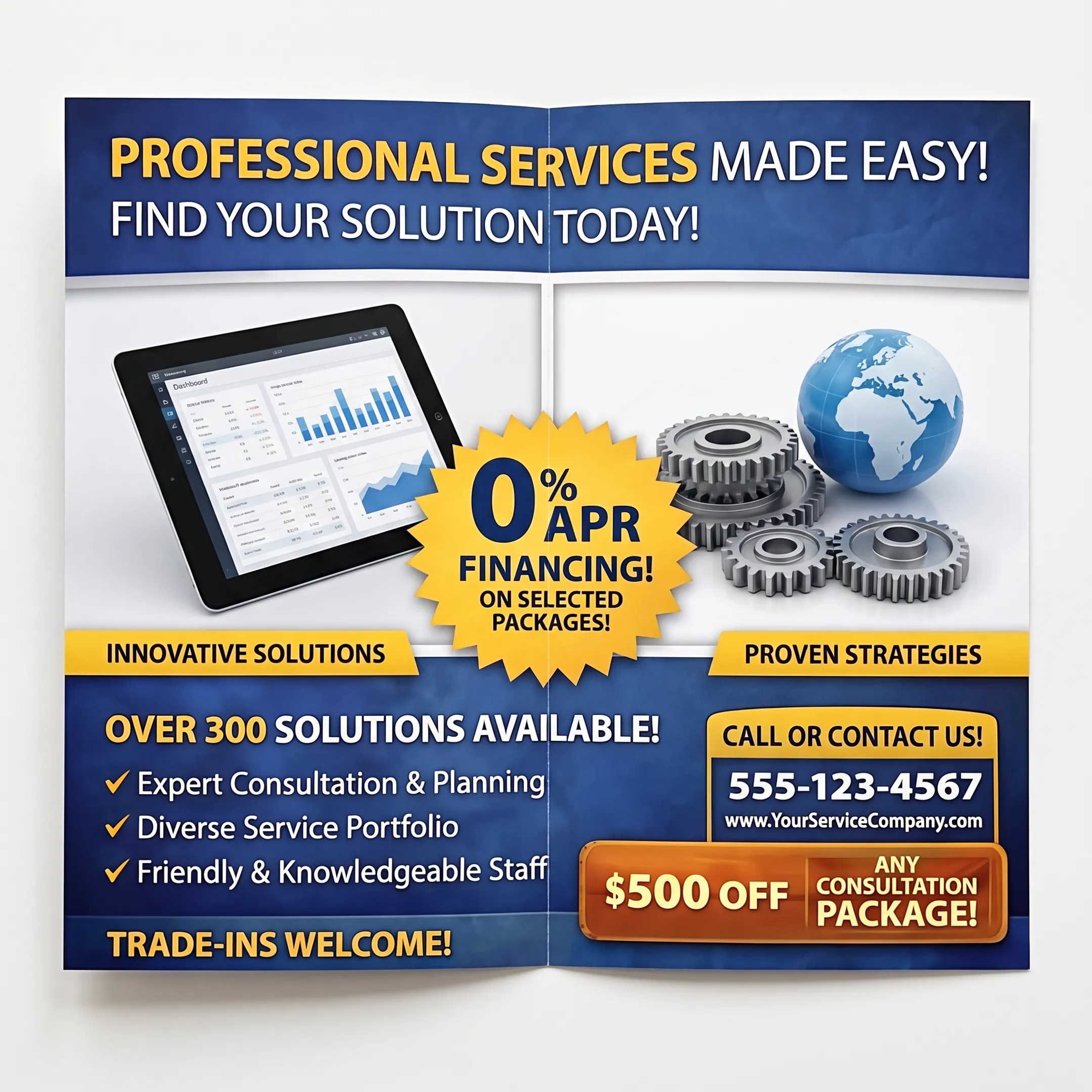 Open brochure showing business services and marketing information